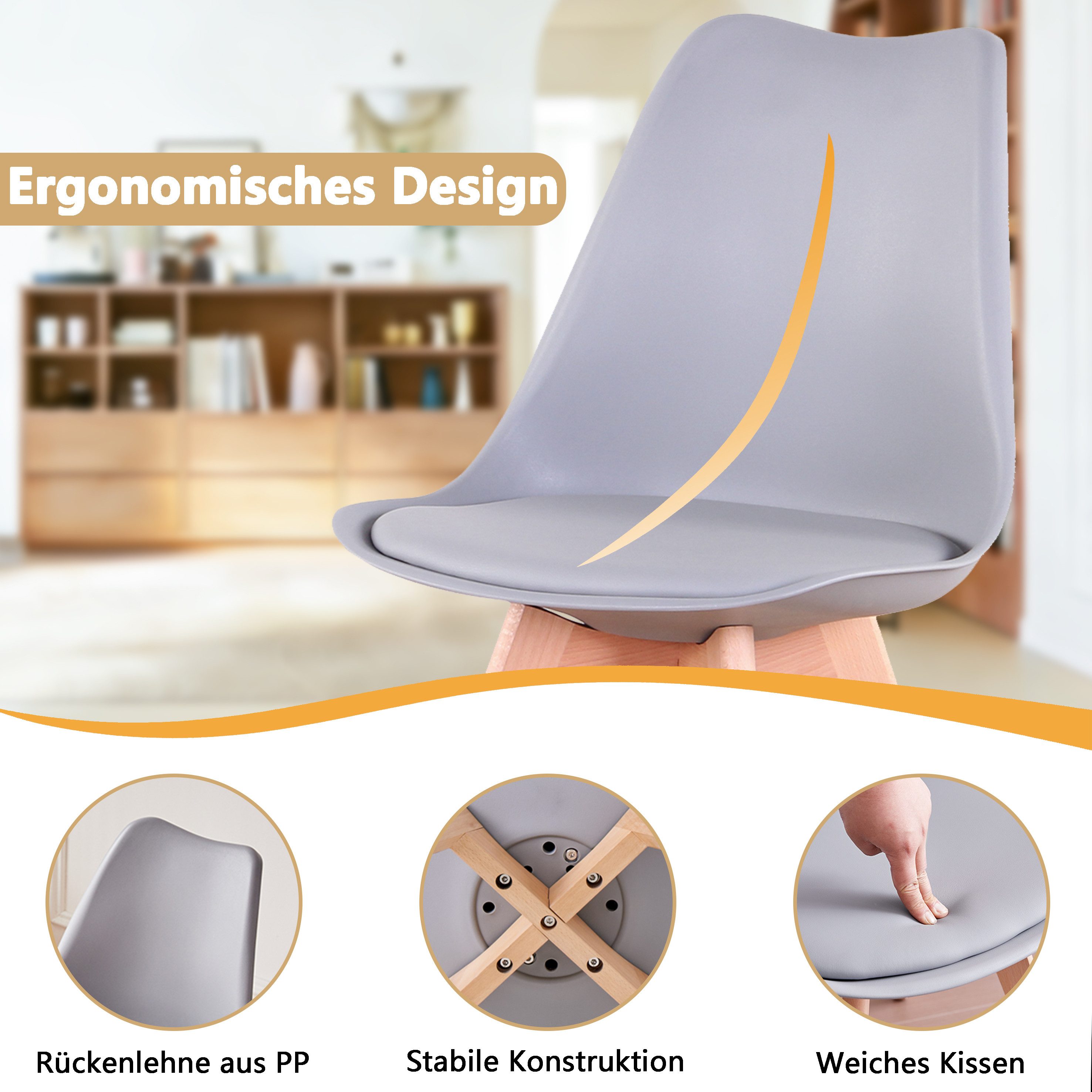 GrandCA HOME Esszimmerstuhl 4er/6er Set Esszimmerstuhl, Moderner Gepolsterter Küchenstuhl (4 St), mit Beine aus Buchenholz, grau