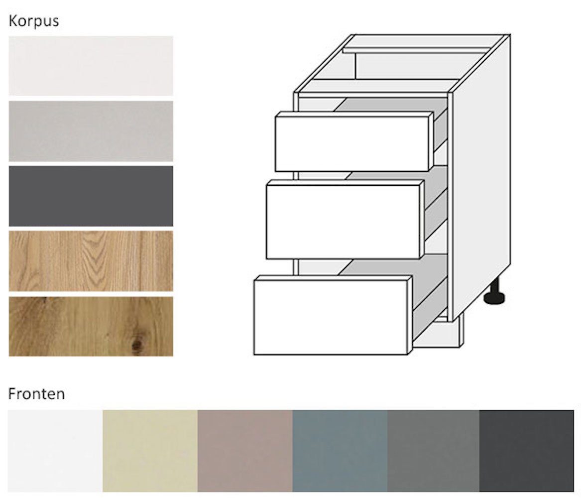 Kvantum 3 Schubladen Feldmann-Wohnen & (Kvantum) weiß Korpusfarbe matt wählbar Front- (Vollauszug) 50cm Unterschrank