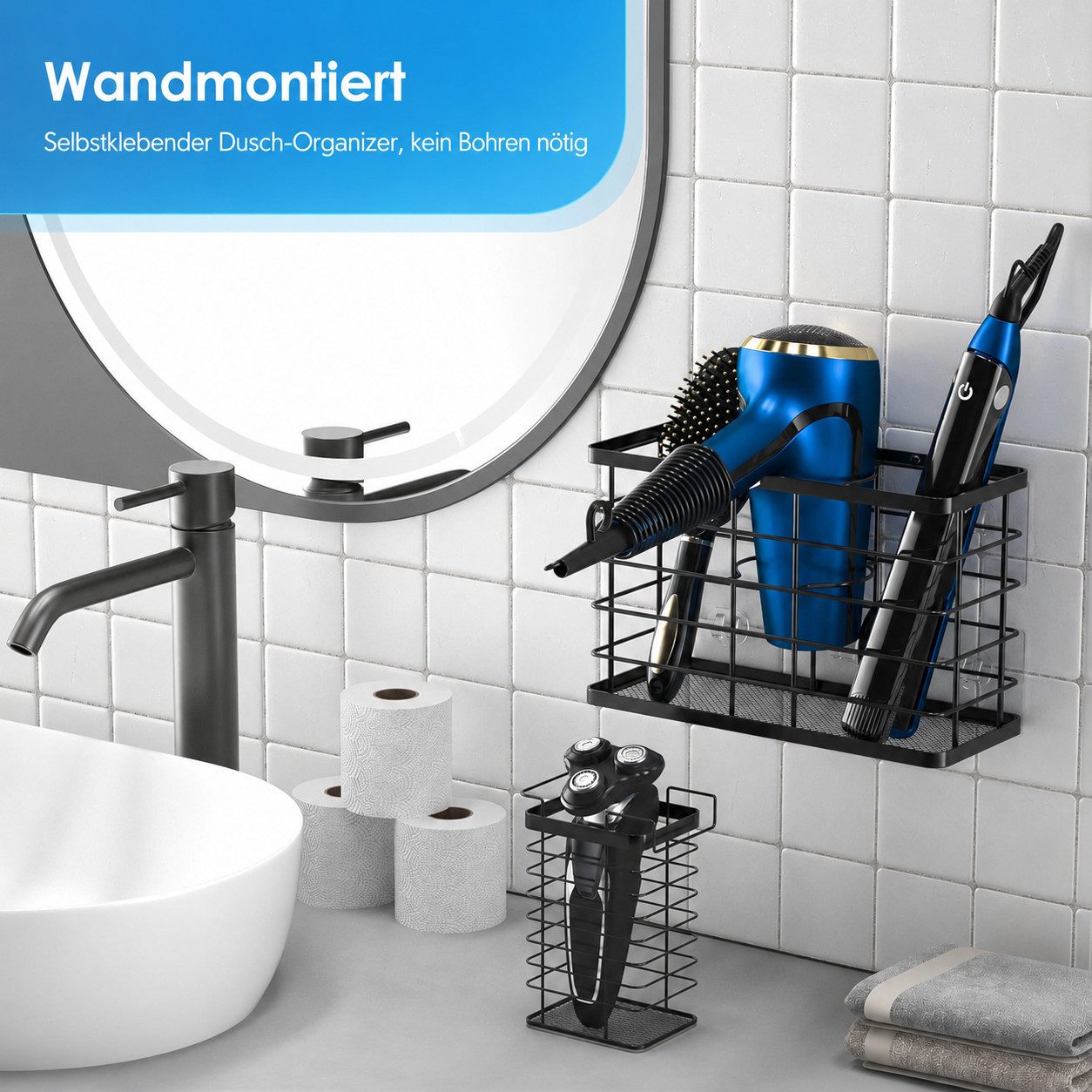 SURFOU Haartrocknerhalter 3-in-1 Föhnhalter ohne Bohren für Wand- & Türmontage, (Schwarz, rostfrei, für Glätteisen, Lockenstab & Zubehör)