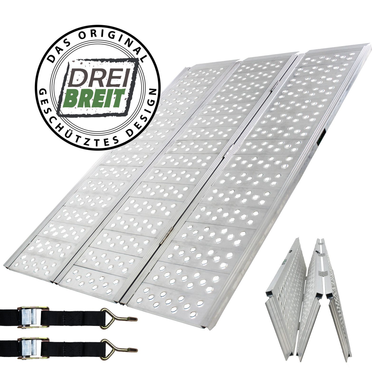 TRUTZHOLM Auffahrrampe DREIBREIT 2-fach klappbar 175 cm 1020 kg Alu Motorradrampe Breitrampe (1-St., Inkl. 2x Spanngurt), rutschfeste Lauffläche, robuste Konstruktion, hohe Traglast
