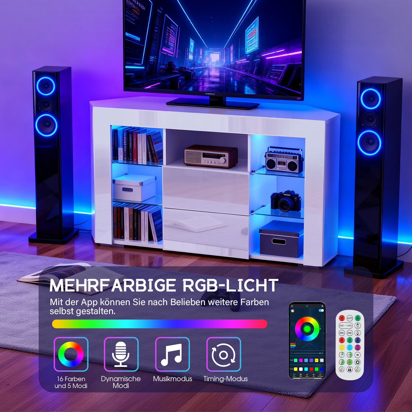 oyajia Lowboard TV Eckschrank Fernsehtisch Hochglanz mit LED-Beleuchtung 100x40x68 cm (mit 16 Led Farben Beleuchtung), TV-Schrank mit 2 Schränken & offenen Regalen