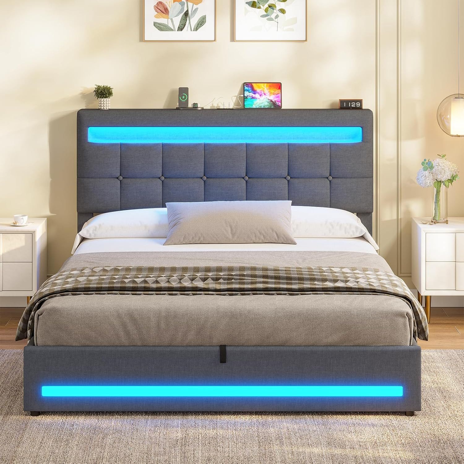 MSMASK Polsterbett Jugendbett mit LED Beleuchtung und Ladestation, Hydraulisches Bett (Ohne Matratze), mit Höhenverstellbares Kopfteil und Stauraum – Bild 4 von 5