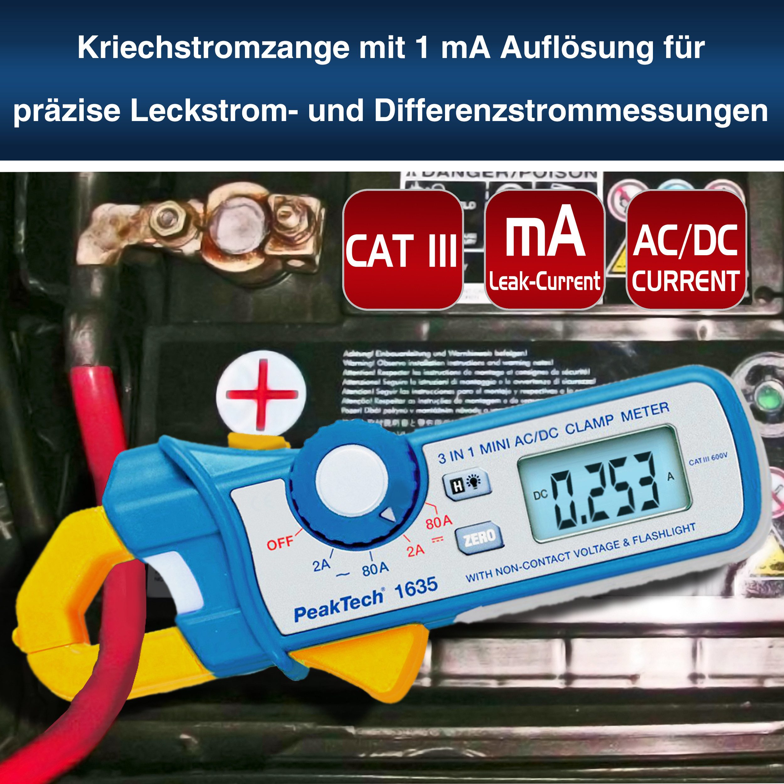 PeakTech Strommessgerät PeakTech 1635: Stromzangenamperemeter / Kriechstromzange ~ AC/DC, 1-tlg.