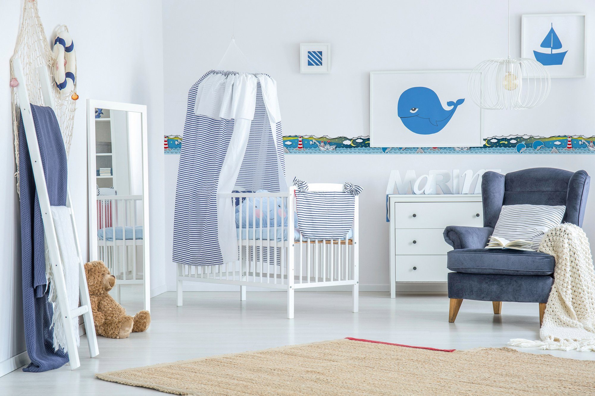 A.S. Création Grau Tapete Weiß für glatt, Fishing und Bordüre Baby- Kinderzimme Captain, Kinderzimmertapete Blau