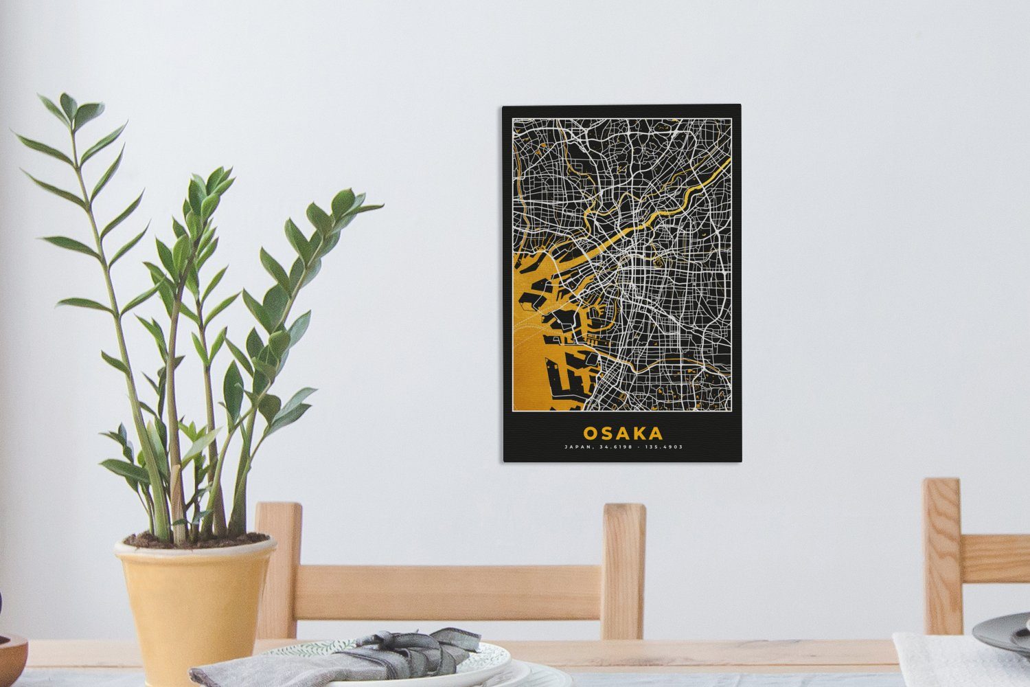 Gemälde, bespannt - Karte Gold, Leinwandbild Zackenaufhänger, cm Stadtplan St), inkl. Osaka - OneMillionCanvasses® 20x30 (1 Leinwandbild - fertig