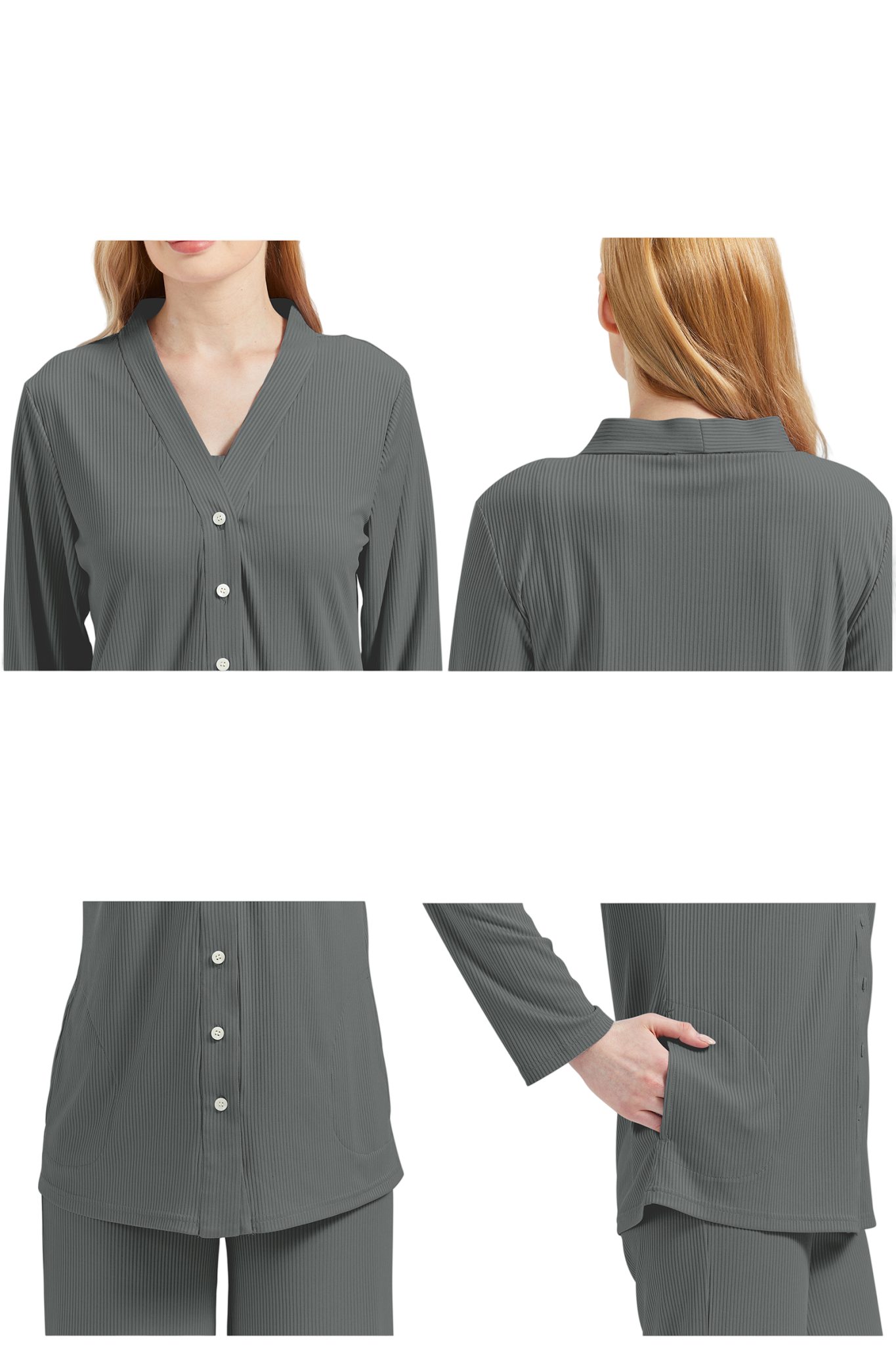 M-Diamant Schlafanzug Damen Pyjama-Set Damenwäsche V-Ausschnitt 3 teilig (Set, 3 tlg) 3-teiliges Set: Jacke mit V-Ausschnitt und Knöpfen, Trägertop und Hose – Bild 4 von 5
