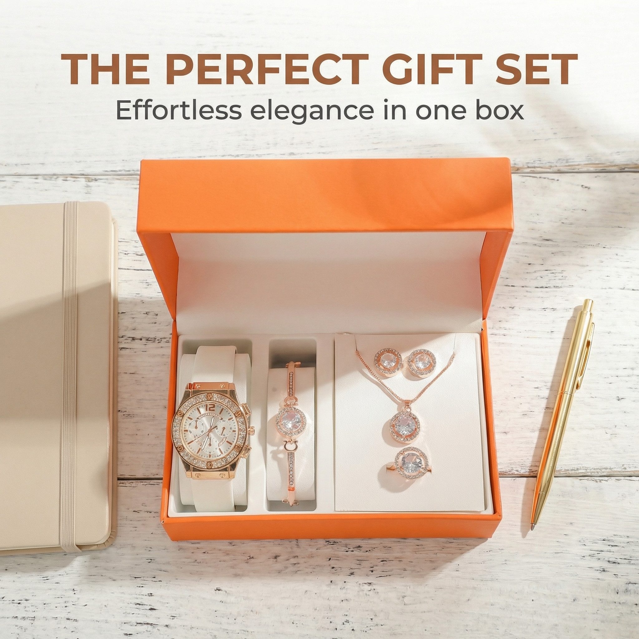 ibettertec Quarzuhr Geschenke für Frauen–Damen Quarzuhr Schmuck Geschenkset, (mit Armbanduhr, Halskette, Armband, Ring & Ohrringen – Geschenkidee zu Weihnachten, Geburtstag, Muttertag & Valentinstag, 5-tlg)