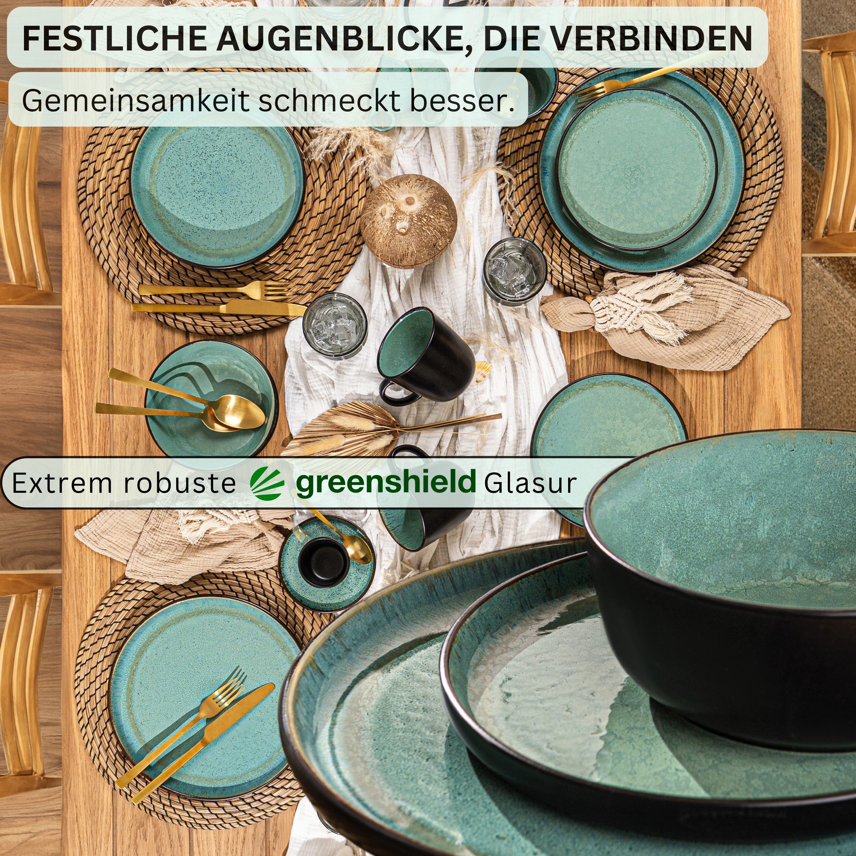 SÄNGER Tafelservice Fiji Geschirrset, Grün Schwarz (24-tlg), 6 Personen, Steingut, Handmade, Erweiterbar, VALUE COLLECTION