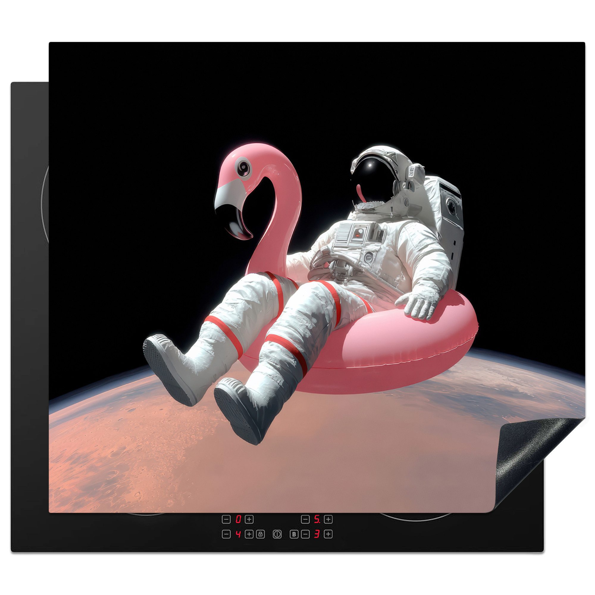 MuchoWow Herd-Abdeckplatte Astronaut - Flamingo - Schwimmband - Rosa, Vinyl, (1 tlg), Ceranfeldabdeckung Küche, Herdabdeckplatte Einteilig, 60x52 cm