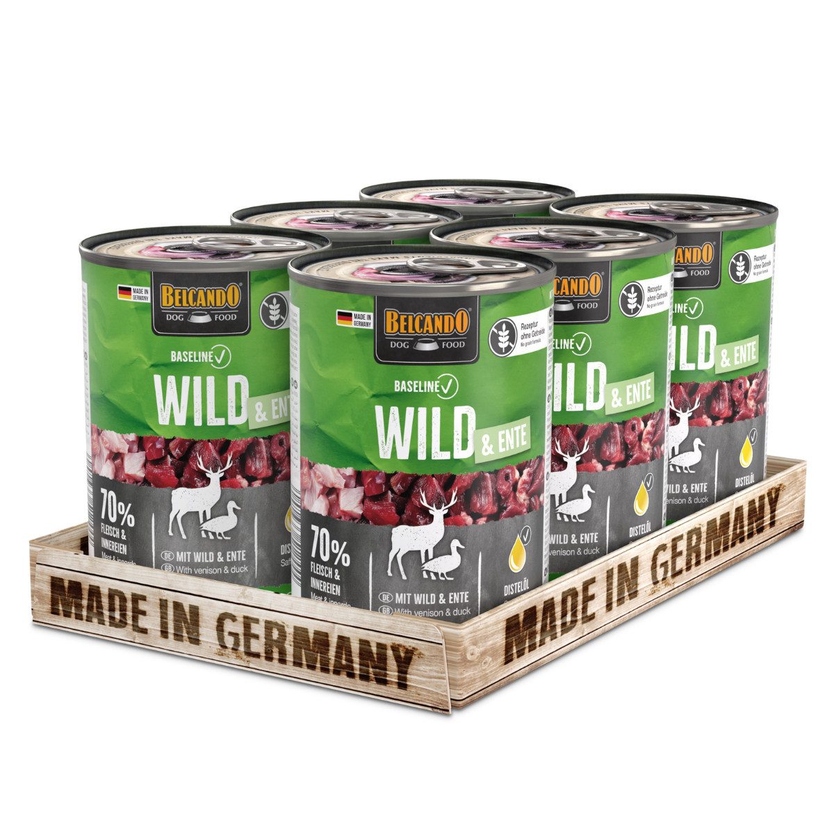 Belcando Baseline Wild & Ente - getreidefreies Nassfutter mit Distelöl 6x400g, Nassfutter für: Hunde
