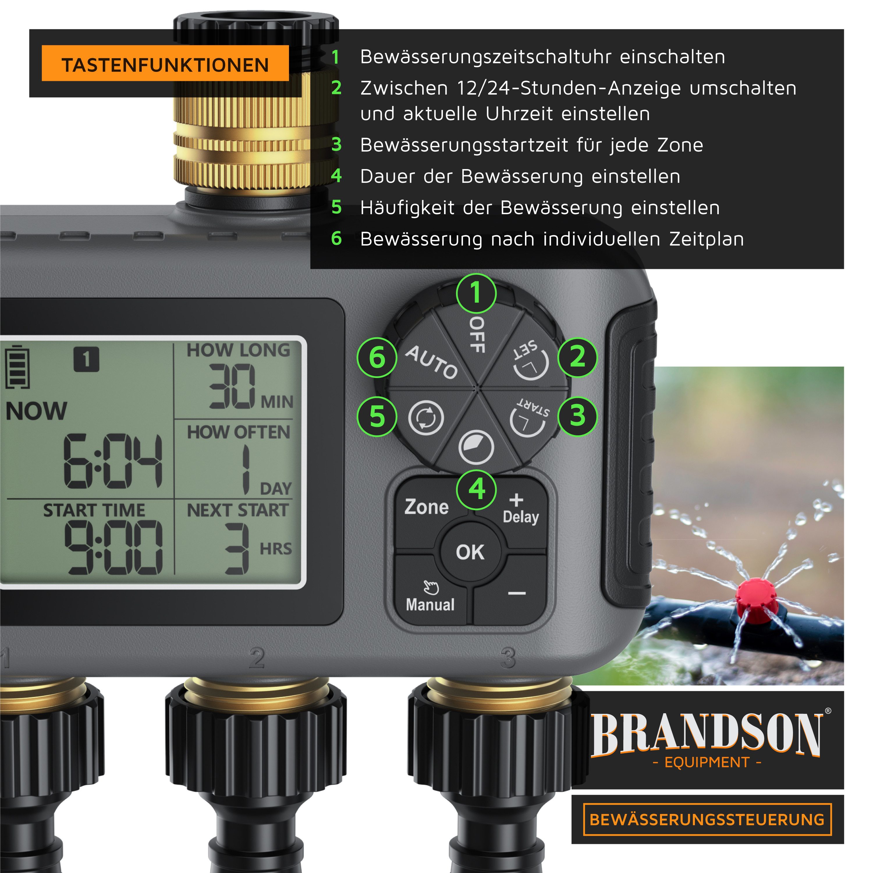 Brandson Bewässerungscomputer 3-Zonen Bewässerungssteuerung, Garten Bewässerungssystem, 3 Ausgänge, (6-tlg., Digitaler Bewässerungstimer), Regenverzögerung bis 15 Tage, Wasserfilter, Gartenbewässerung Timer