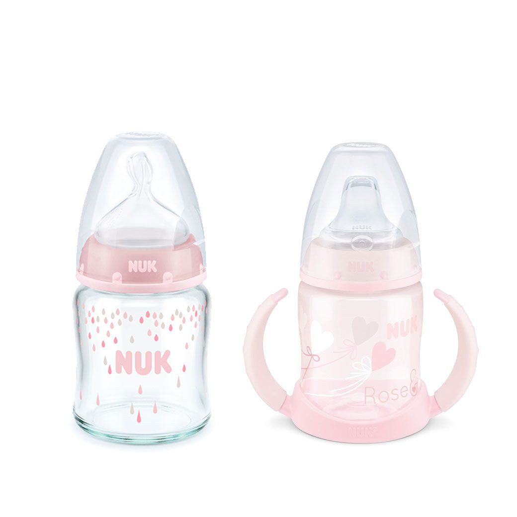 NUK Babyflasche NUK Glasflasche 120ml Rosa mit Babyrose Trinklernflasche 150ml