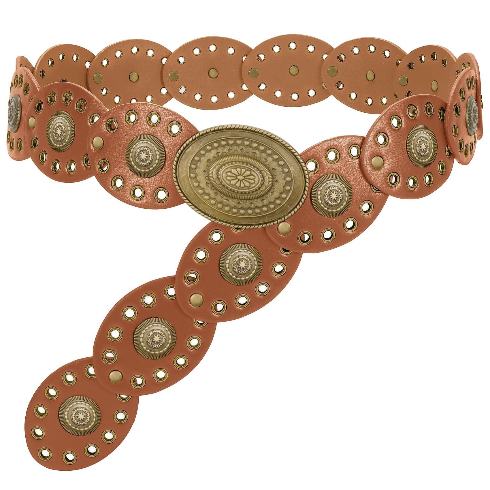 Agger Ledergürtel Damen-Western-Gürtel, breiter Dischgürtel mit Türkis Boho-Concho-Ledergürtel für Kleider, Cowgirl- und Country-Stil