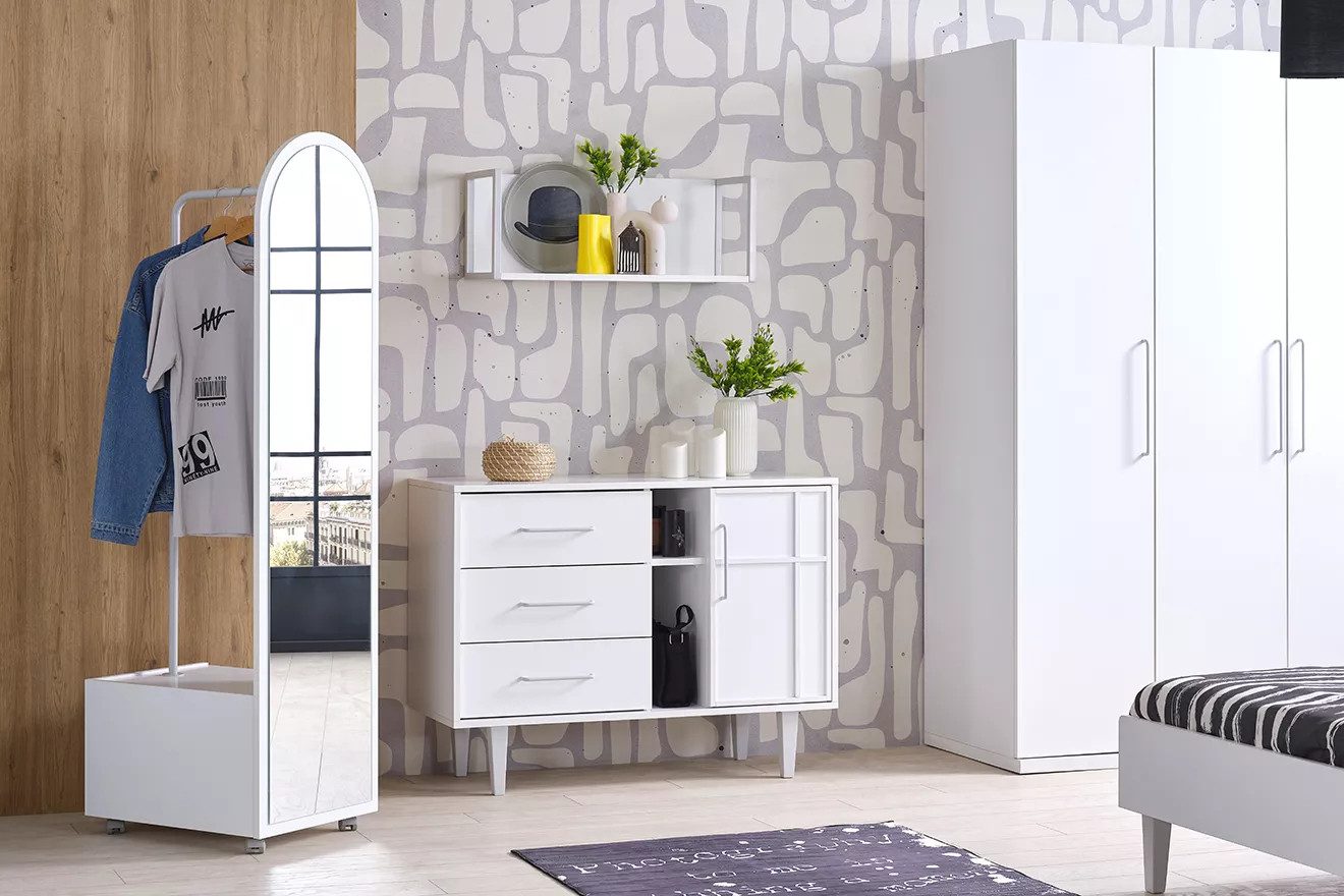 Möbel-Zeit Standspiegel LIKYA Mobile Garderobe – Weiß – Auf Rollen mit Kleiderstange