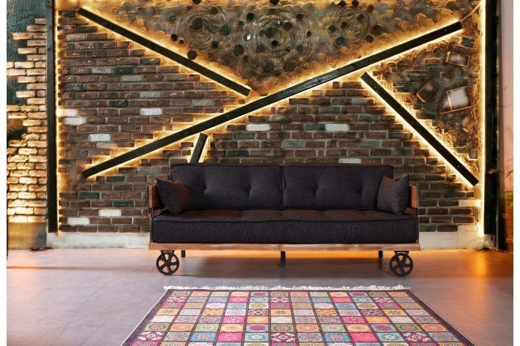 JVmoebel Sofa Schwarze Stoff Couch auf Rädern Loft Design mit Holz Korpus Sofa Möbel, 1 Teile, Made in Europa