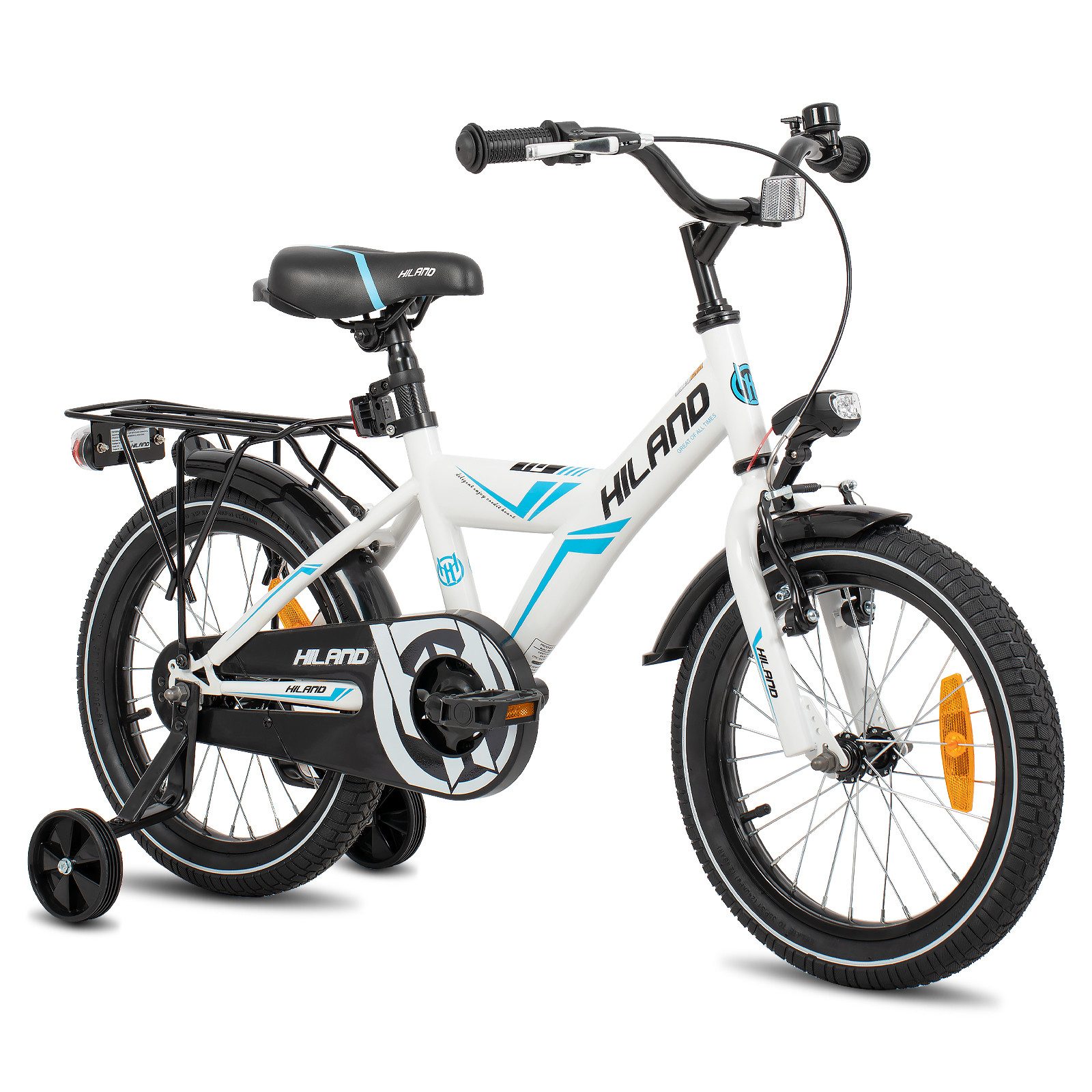 HILAND Kinderfahrrad Sentry 16/18 Zoll Jungen Kinderfahrrad für Kinder ab 4 bis 9 Jahren, 1 Gang, mit Rücksitz/Gepäckträger Stützräder Handbremse