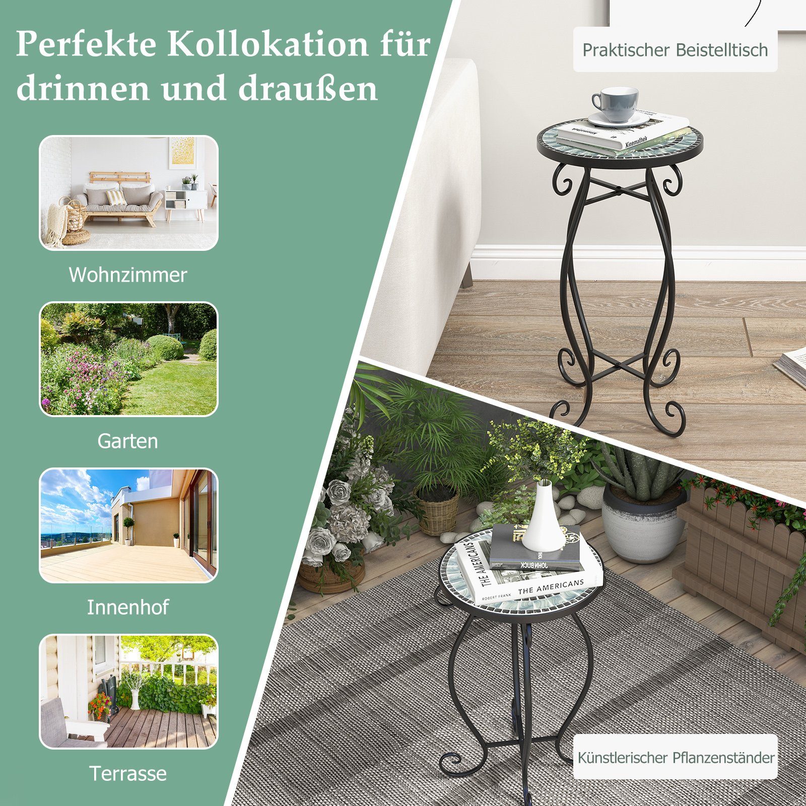 KOMFOTTEU Gartentisch Mosaik Beistelltisch, mit Metallgestell, Ø30cm – Bild 3 von 5