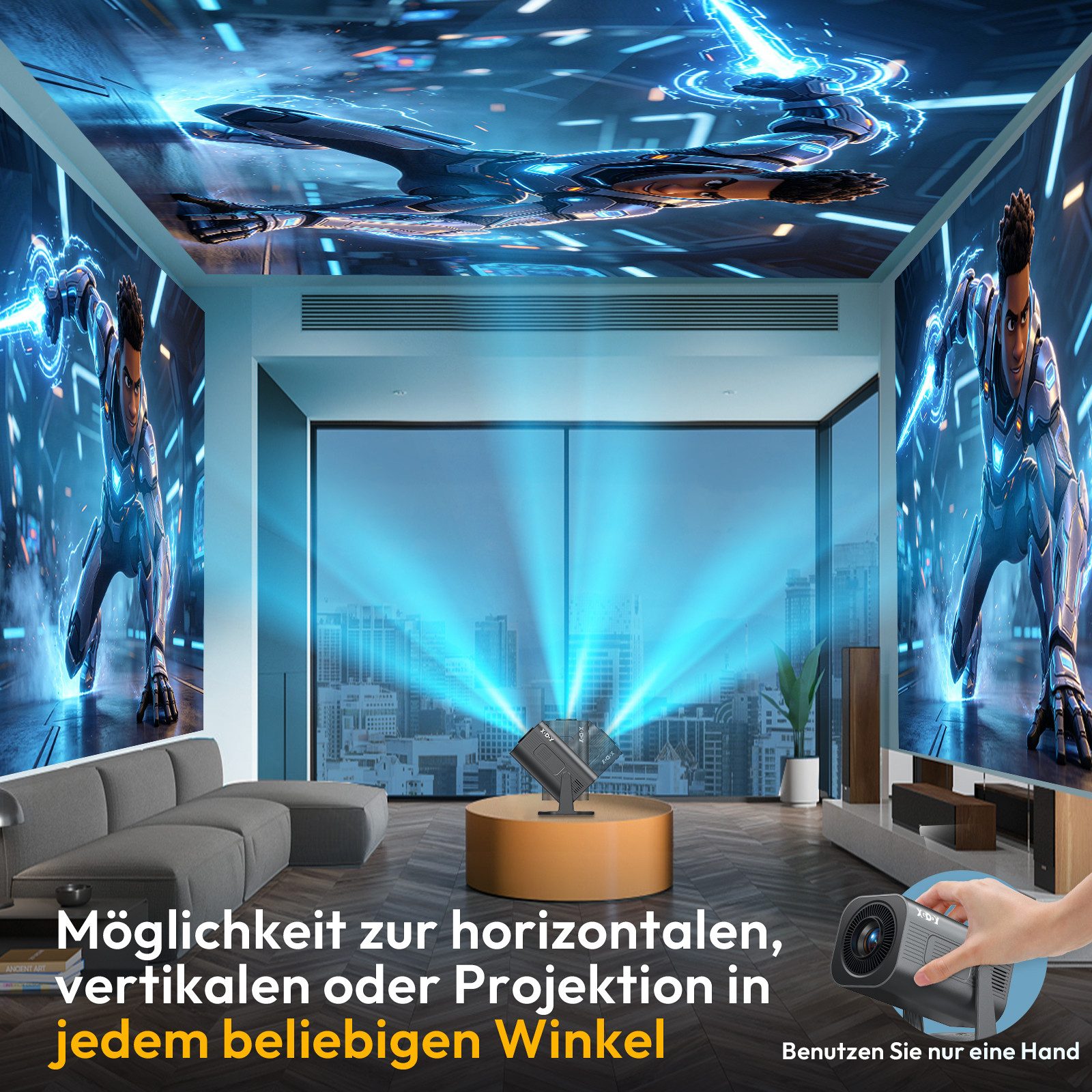 XGODY Mini Beamer Unterstützt 4K 1080P 2026 Neuer Tragbarer Projektor LCD-Beamer (260 lm, 1500:1, 3840 x 2160 px, Auto Trapezkorrektur Smart Projector mit WiFi6 BT5.4, 180°Dreh)