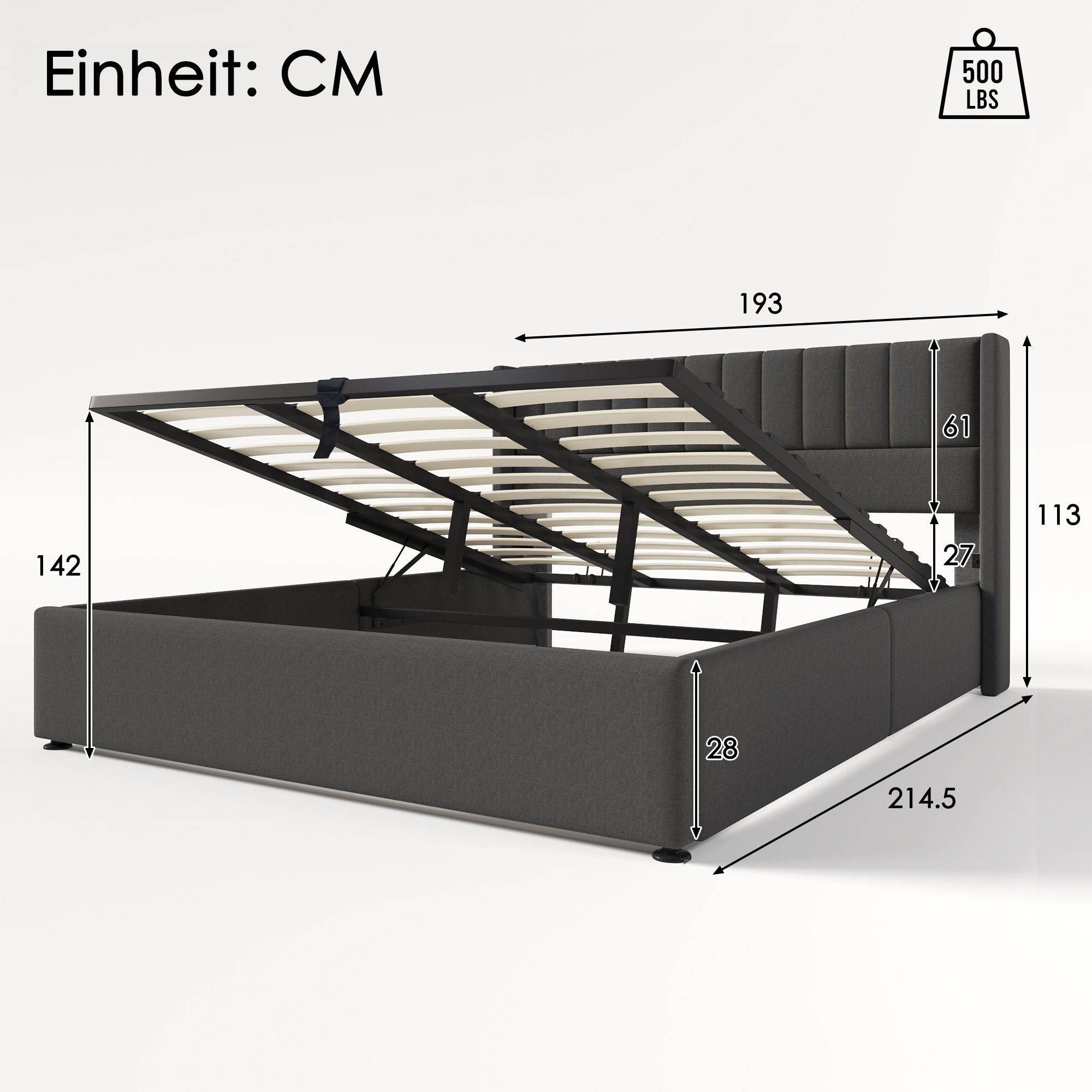 Boxspringbett (Funktionsbett Stauraumbett mit Bettkasten und Lattenrost), Polsterbett Hydraulisches Bett 180x200 cm, Lattenrost aus Holz, Leinen