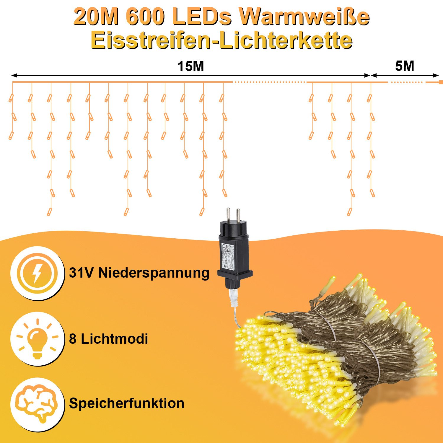 Clanmacy LED-Lichterkette LED Eisregen Outdoor Eisregen Lichtervorhang 20M günstig online kaufen