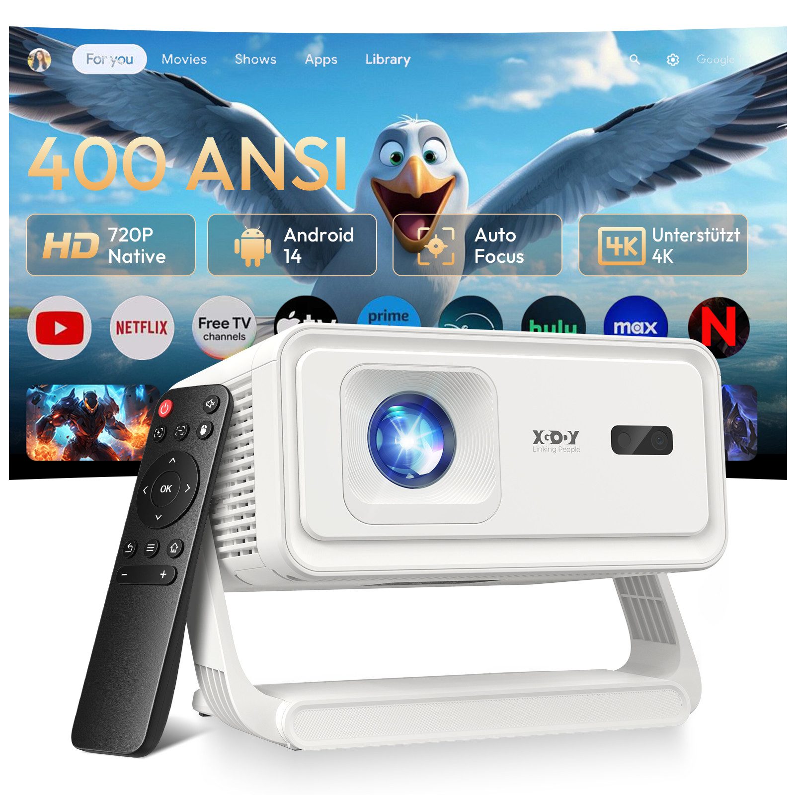 XGODY Gimbal A1 Smart Projektor – Android 14, WLAN 6, BT 5.4, Autofokus LCD-Beamer (400 lm, 10000:1, 3840 x 2160(400 ANSI Lumen) px, Auto-Trapezkorrektur, Tragbarer 8K-Filmprojektor)