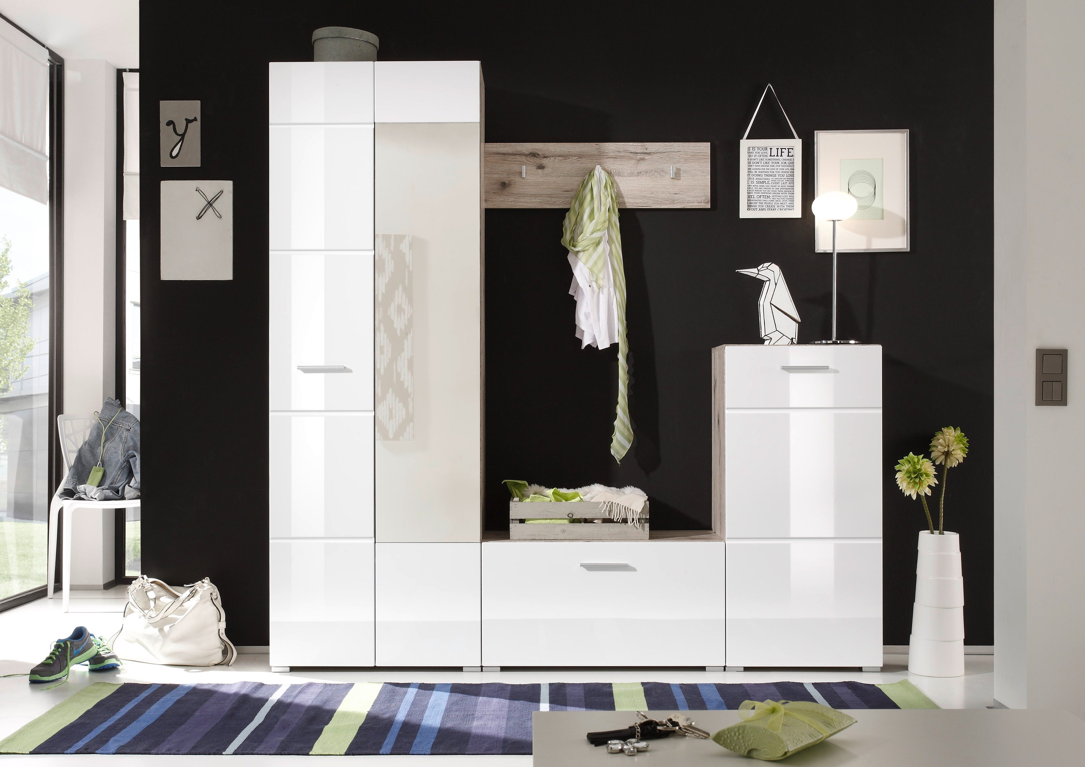 HBZ Kompaktgarderobe SIXX Weiß Hochglanz, Flurgarderobe mit Spiegel, BxHxT 195x195x36 cm (1-St) Mit Hochschrank mit Spiegel, Bank, Paneel und Kommode