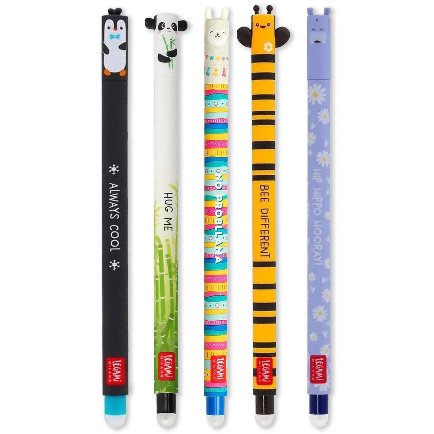 Legami Malstift Set aus 5 radierbaren Gelstiften mit wärmeempfindlicher Tinte, Auswahl an Tintfarben Motive: Pinguin, Panda, Lama, Biene und Nilpferd