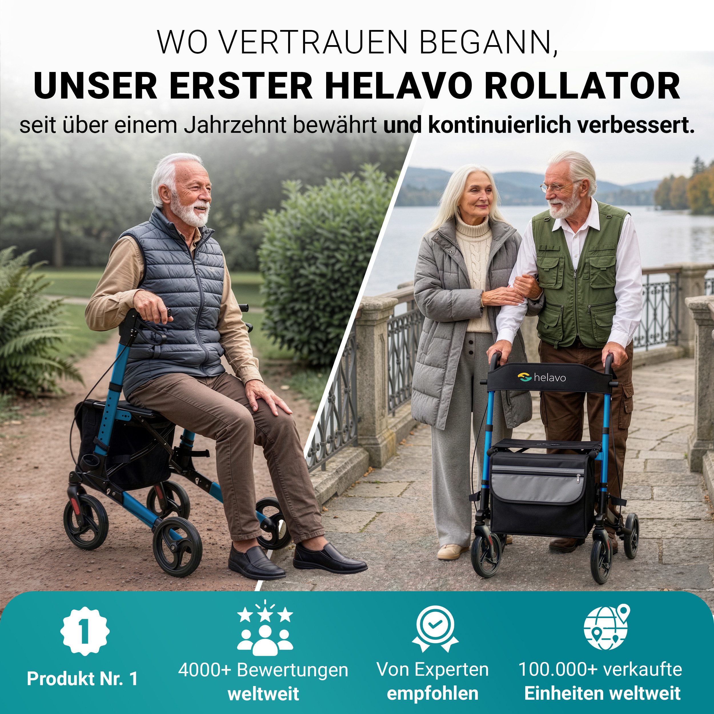 Helavo Rollator H1010, faltbarer Reise-Rollator mit Sitz und Reisetasche