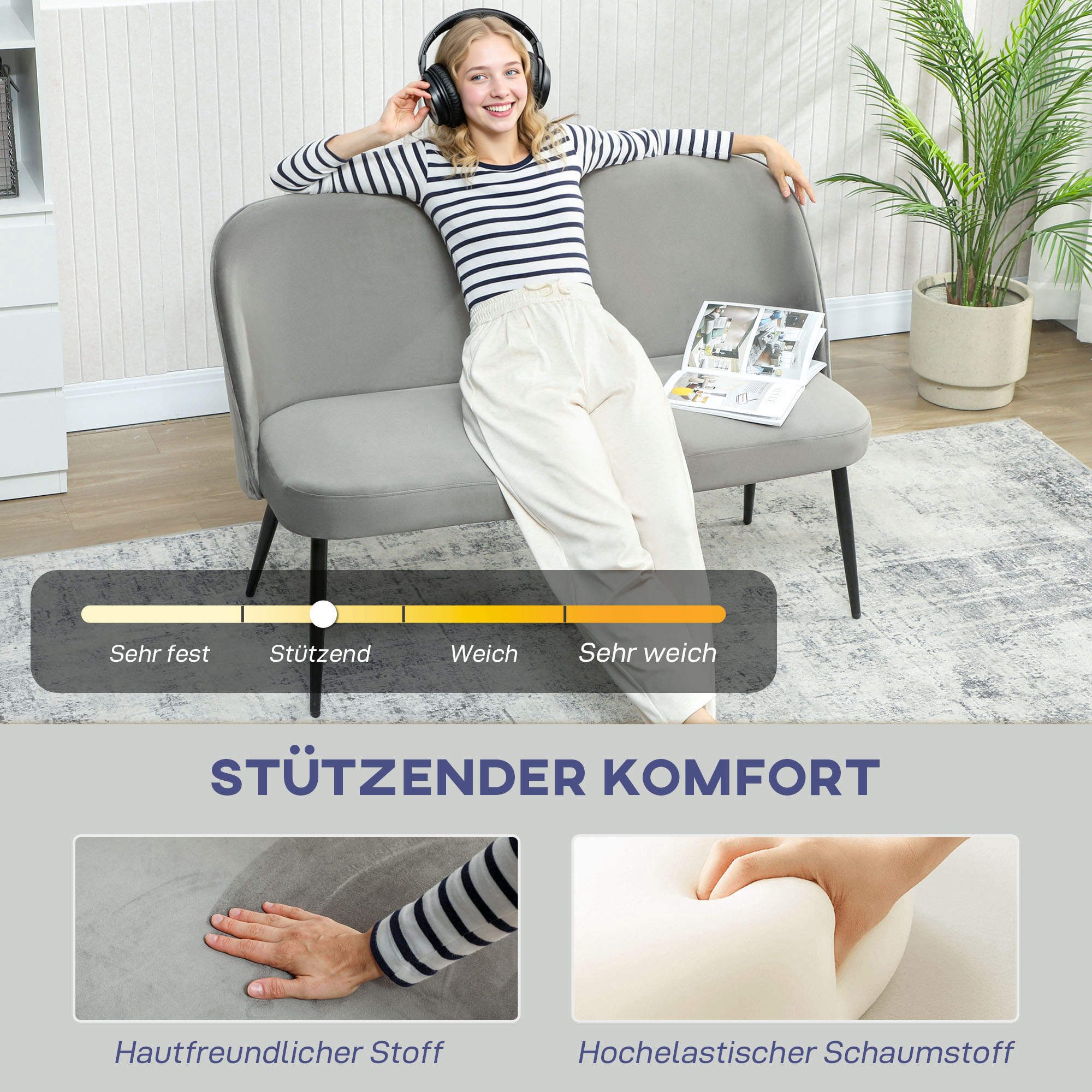 HOMCOM 2-Sitzer Sofa mit geschwungener Rückenlehne, modernes Loungesofa., Couch 1 Teile, samtartiger Stoffbezug, Grau – Bild 4 von 5
