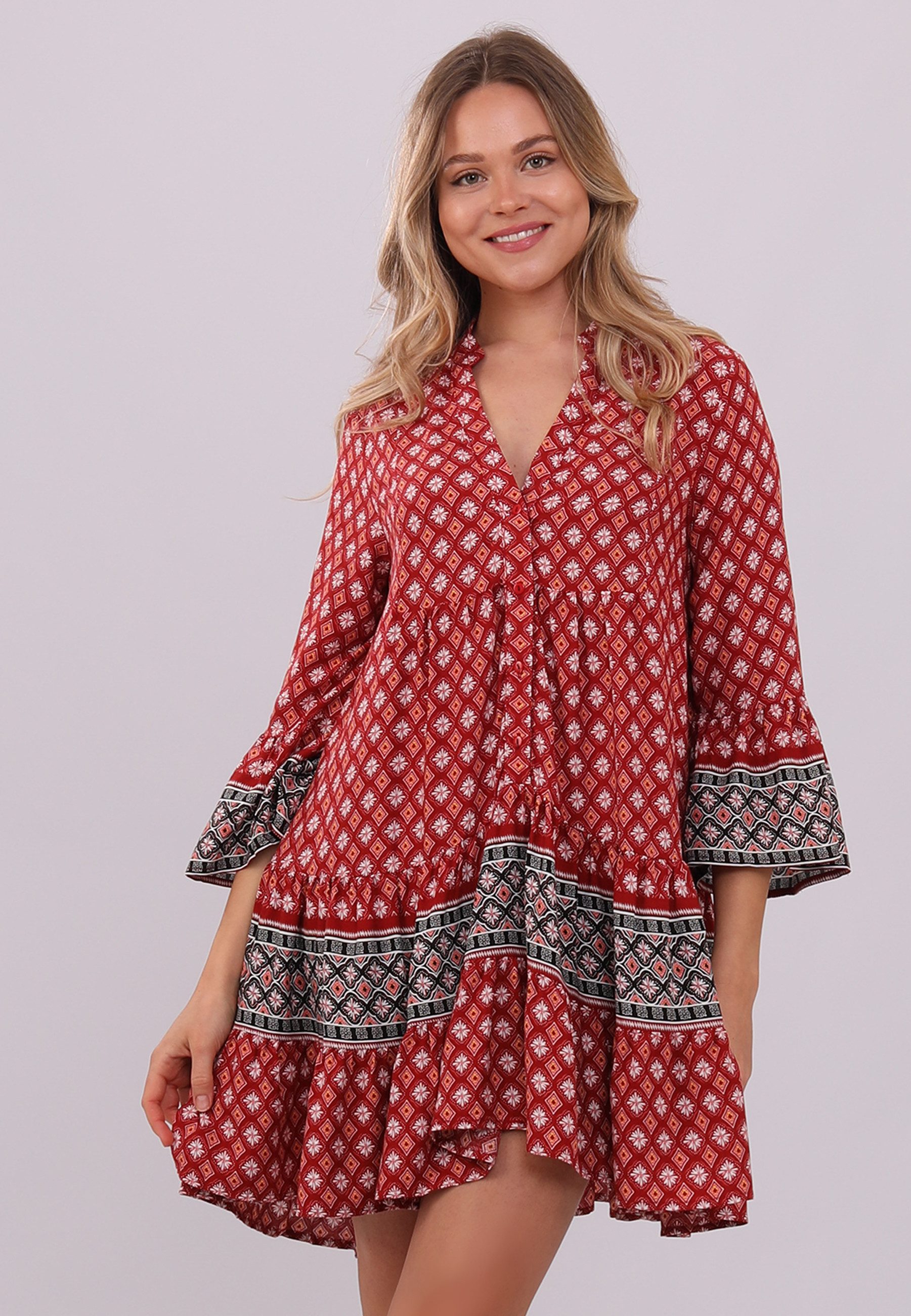 YC Fashion & Style Tunic Dress Dream Dress in Red with Ethnic Patterns All-Over Print