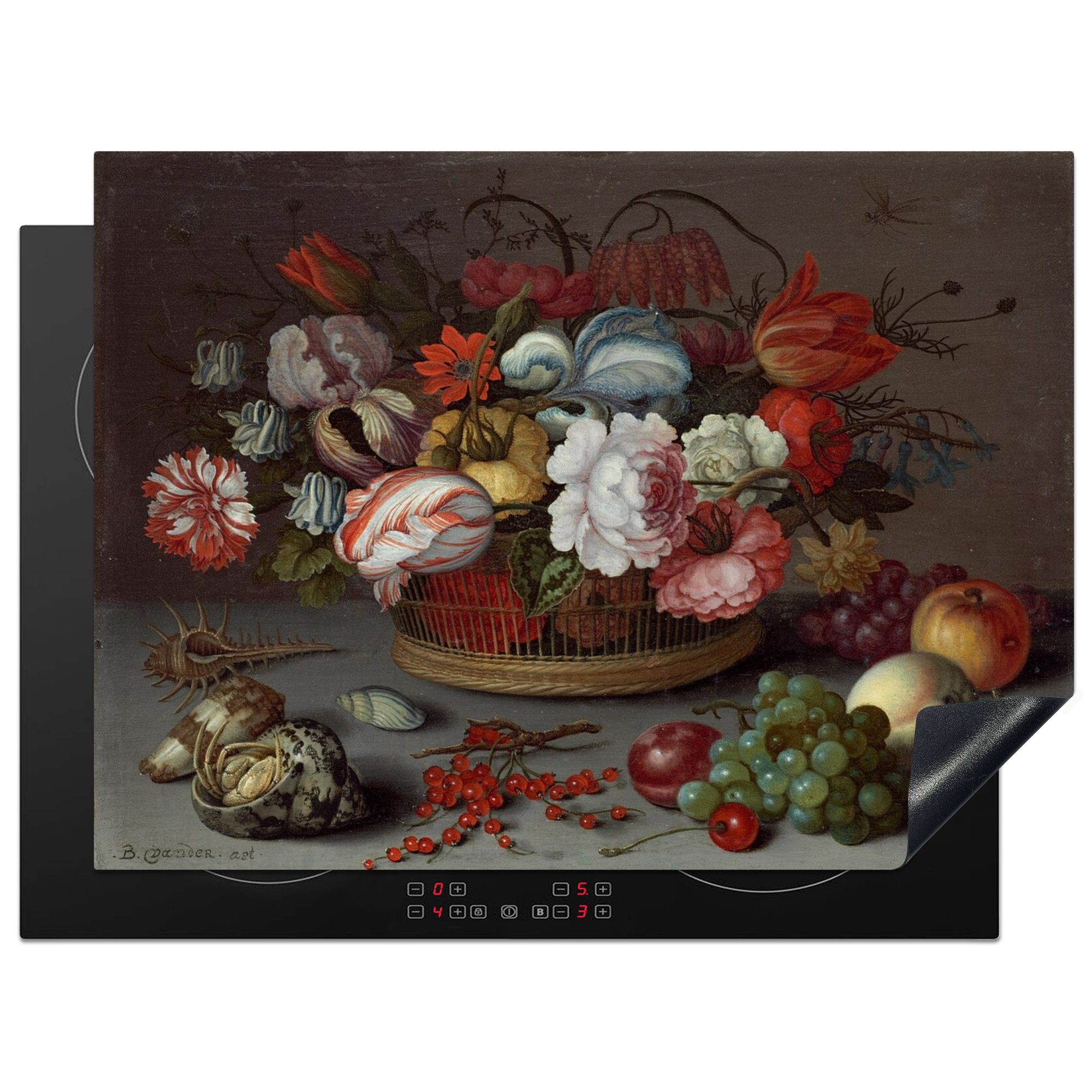 MuchoWow Herdblende-/Abdeckplatte Blumen in einem Korb - Gemälde von Balthasar van der Ast, Vinyl, (1 tlg), 71x52 cm, Induktionskochfeld Schutz für die küche, Ceranfeldabdeckung