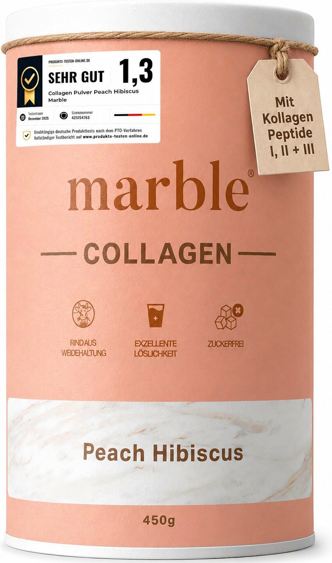 Marble Kollagen Pulver Pfirsich Hibiskus 450g – Typ I, II & III, ohne Zucker Pulver, 1 er Packung à 1 St., 450 g, Pappdose ohne Plastik, Umweltschonend