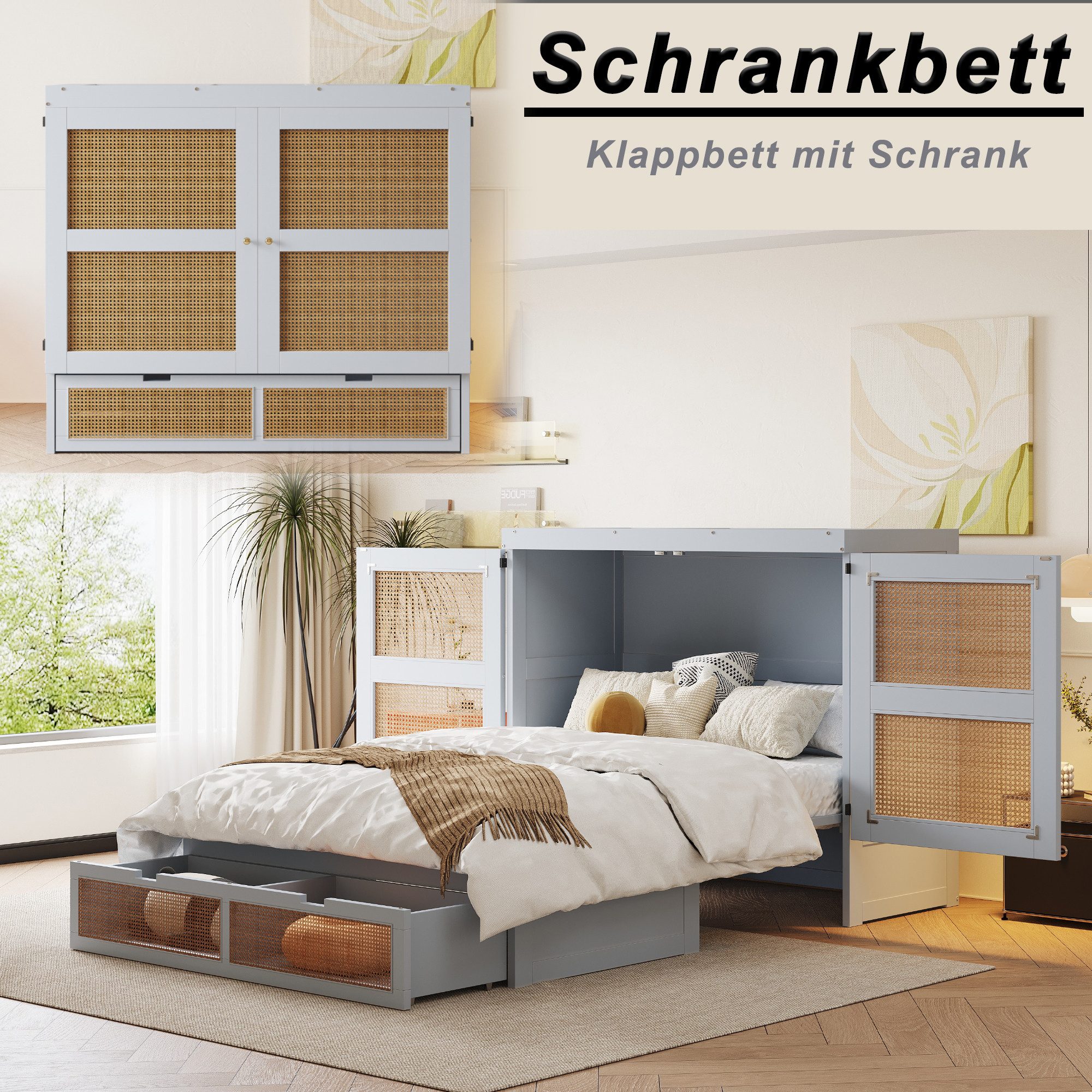 i@home Schrankbett 140x200 cm mit Lattenrost & Schubladen (Einzelmöbel) Vertikale Klappfunktion, Rattanoptik, platzsparend