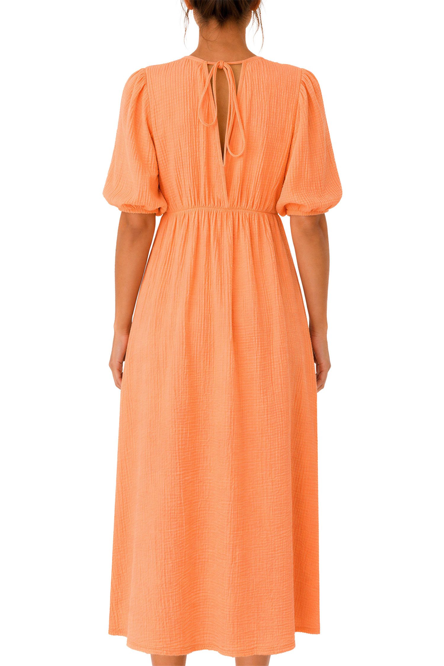 Reichstadt Sommerkleid Damen Relaxed Fit Dress Musselin 25RSW077 Feminine Puffärmel und Rückenschleife