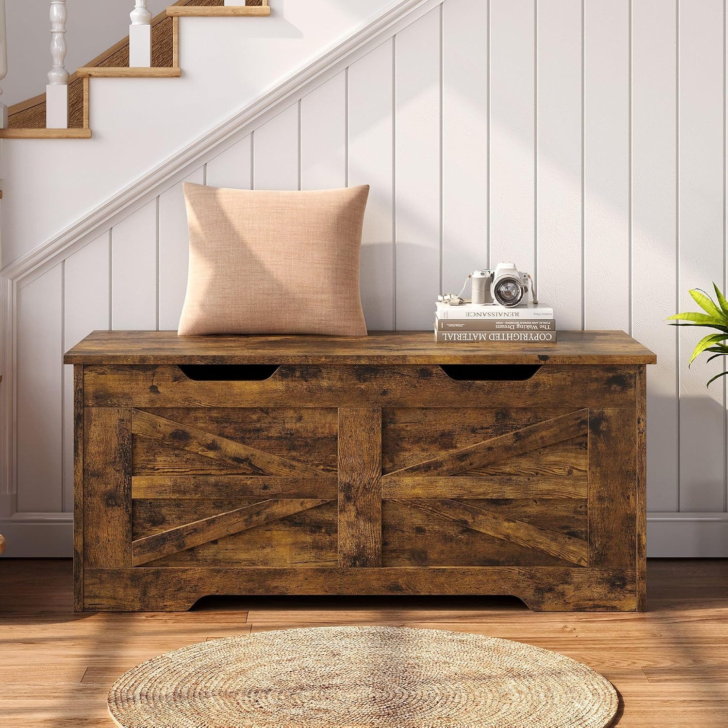 GarveeMore Aufbewahrungsbox 100cm Holz-Sitzbank mit Sicherheits-Scharnier,Aufbewahrungstruhe, Truhe mit Klappdeckel (z. B. für Decken), belastbar bis 159 kg – Bild 4 von 4