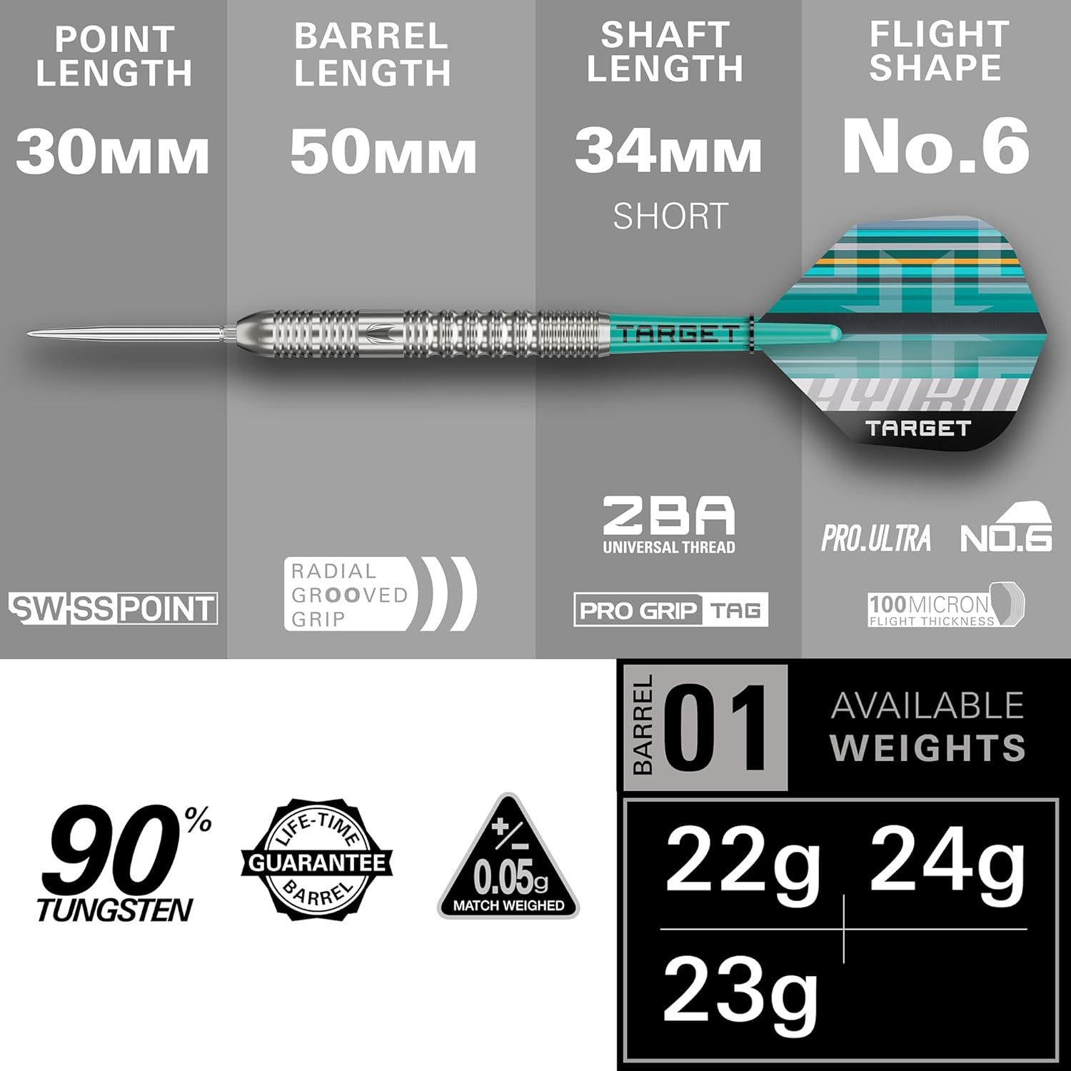 TARGET DARTS Dartpfeil Hydro-Steeldart-Set, 23 g (Barrel 01) 90-%-Tungsten, SP-Tool inkl.
