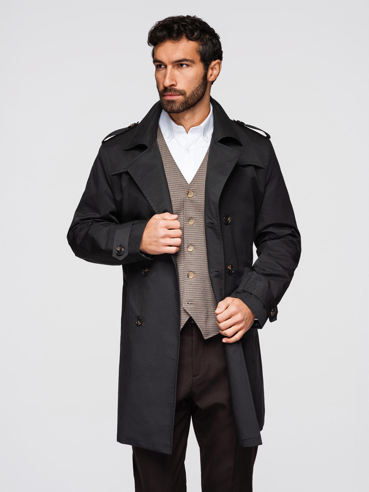 OMBRE Trenchcoat Herren Trenchcoat Slim Fit mit Gürtel Elegant Schwarz M (kein Set, 1-tlg) Regulierbarer Taillengürtel mit Schnalle, Schulterklappen