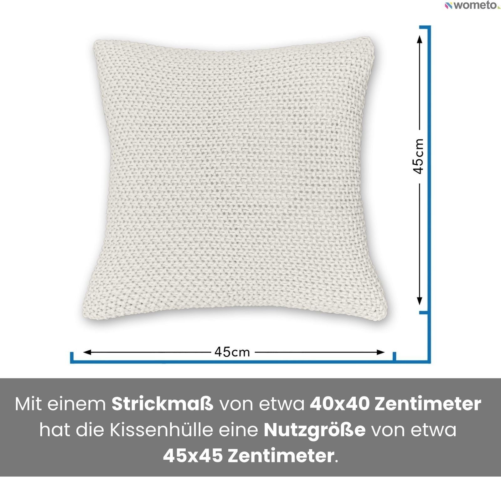 45x45 Strick wometo Stück) weiß Kissenhülle cm, mit (1 Reißverschluss,