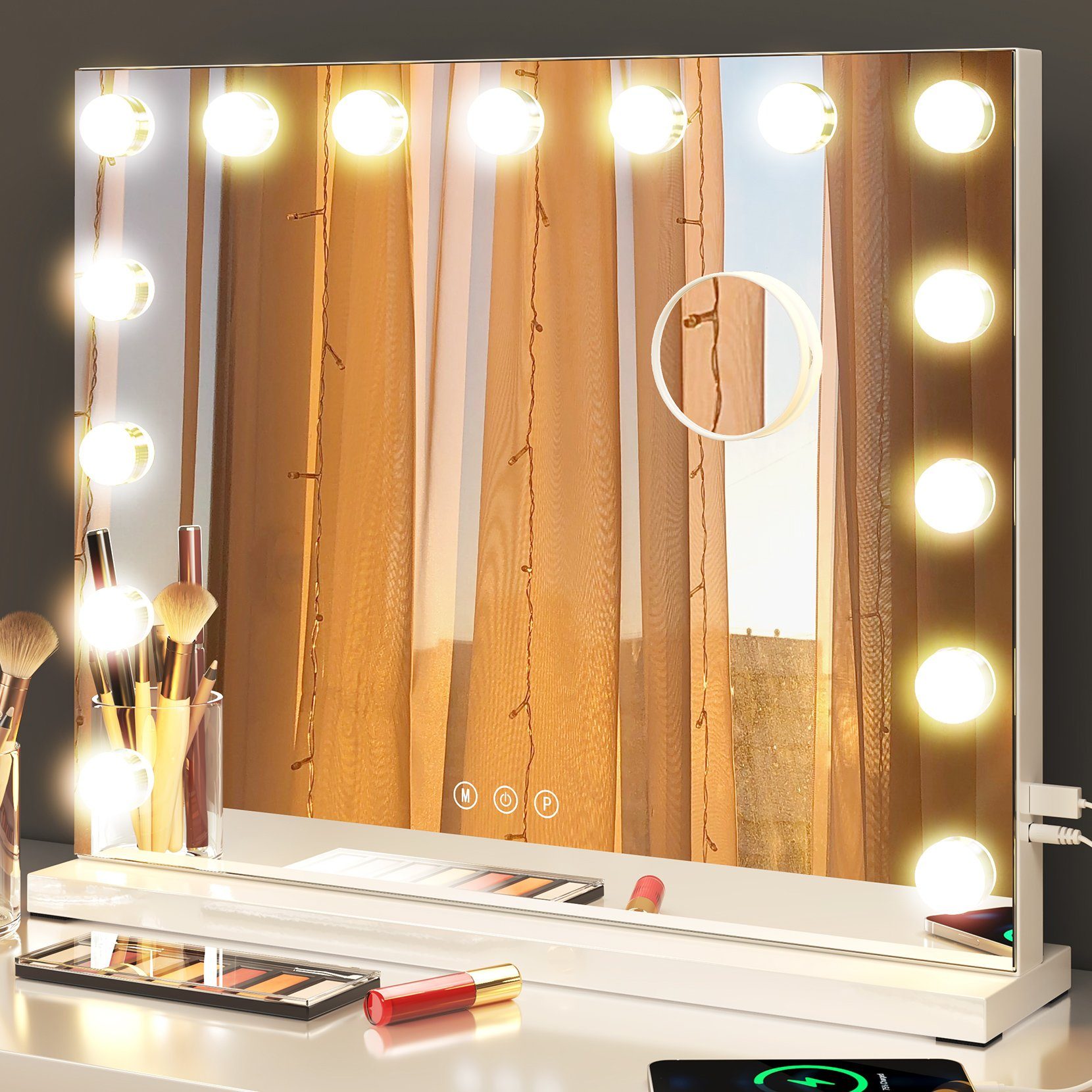 Schminkspiegel Hollywood Schminkspiegel mit 15/14 LED, für Make-up, 3 Farblichter