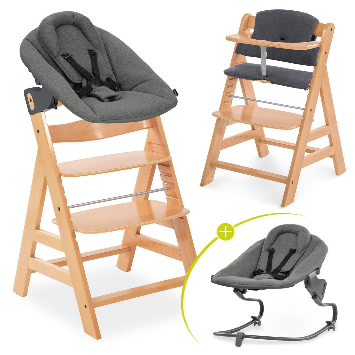 Hauck Hochstuhl Alpha Plus Newborn Set Premium - Natur, Holz Babyhochstuhl ab Geburt inkl. Neugeborenen Aufsatz & Sitzpolster