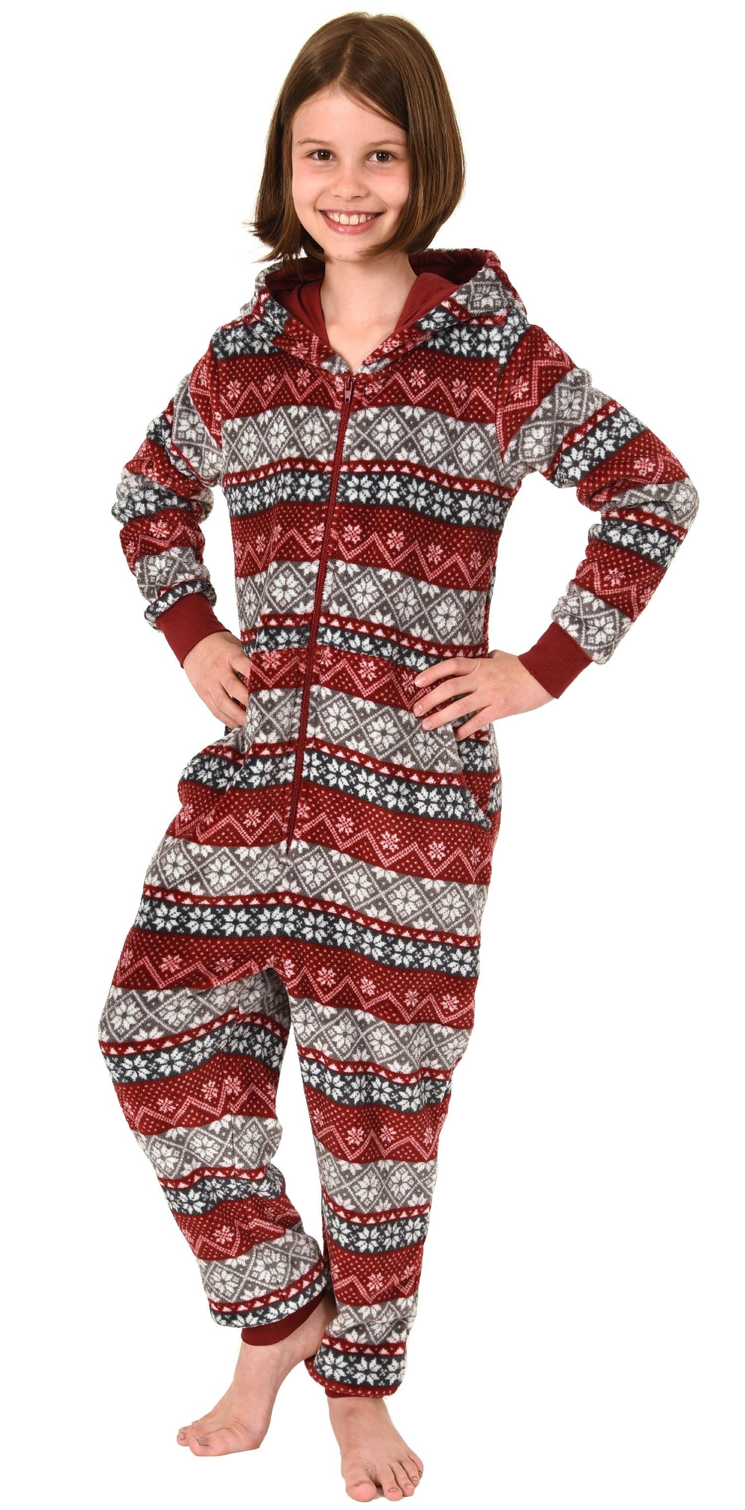 rot Jumpsuit Norwegermotiv Pyjama Overall Schlafanzug Normann langarm Mädchen
