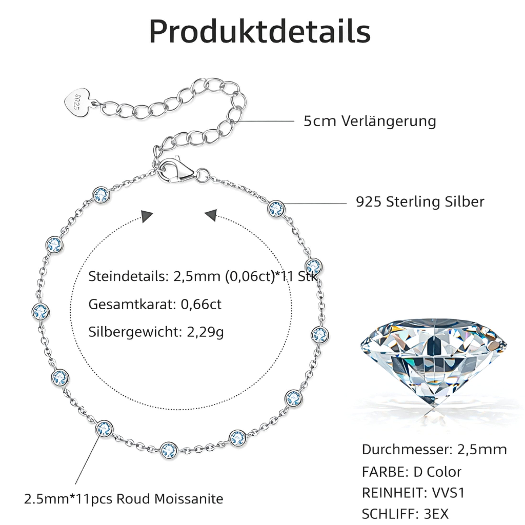UNIQAL.de Silberarmband Damen 925 Sterling Silber mit Diamant Moissanit 0,66 Karat – CELESTA (Klassisches Silberarmband mit 11 Moissanit Steinen, 925 Sterling Silber Weißgold plattiert, inkl. Luxuriöse Schmuck Geschenkbox), Moissanit VVS1 Reinheit, GRA-Zertifikat, Armkette Geschenk für Damen