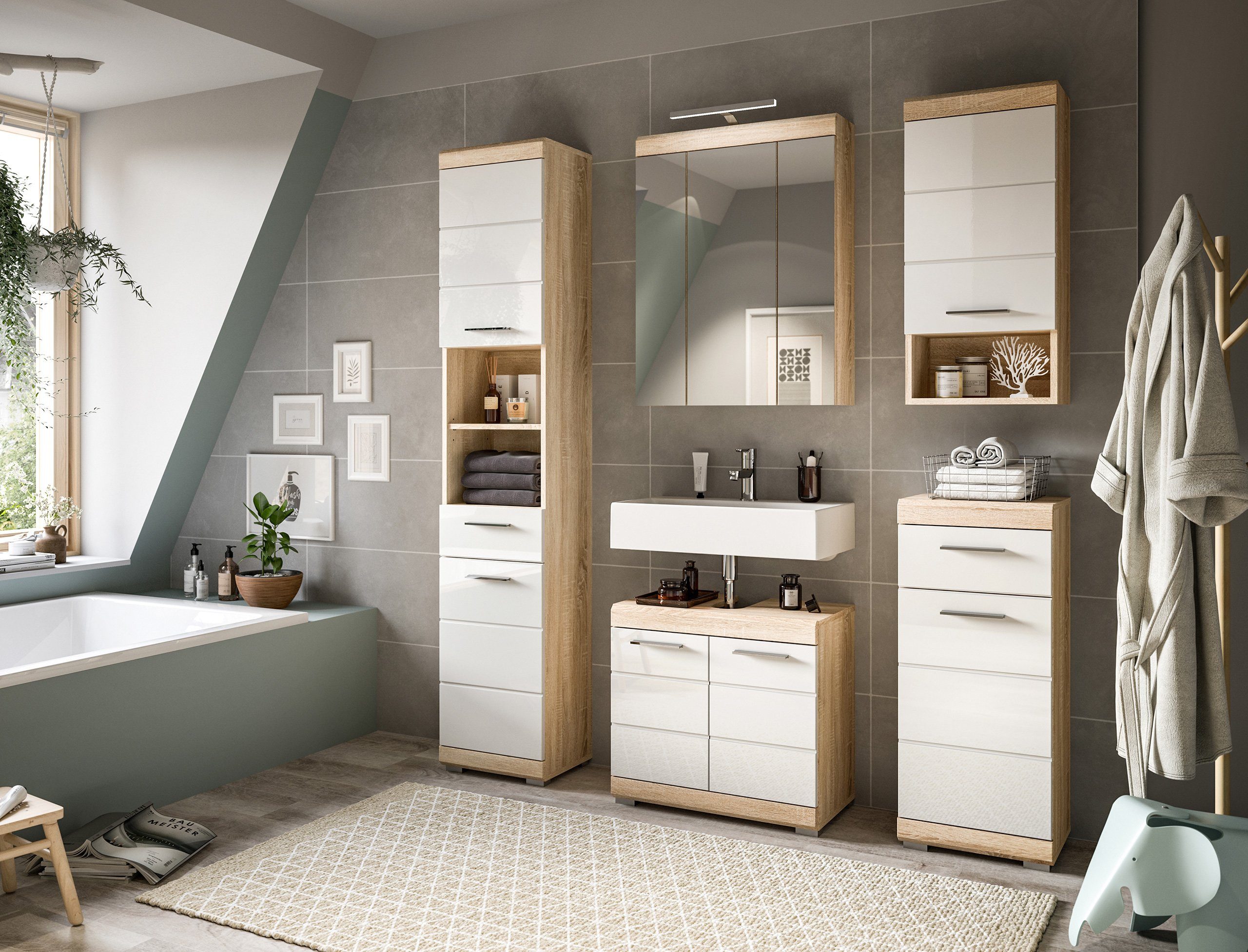Newroom Kommode Sonoma Eiche hell 88 cm, Kommode Weiß Hochglanz Sonoma Eiche hell Sideboard Highboard Moder...