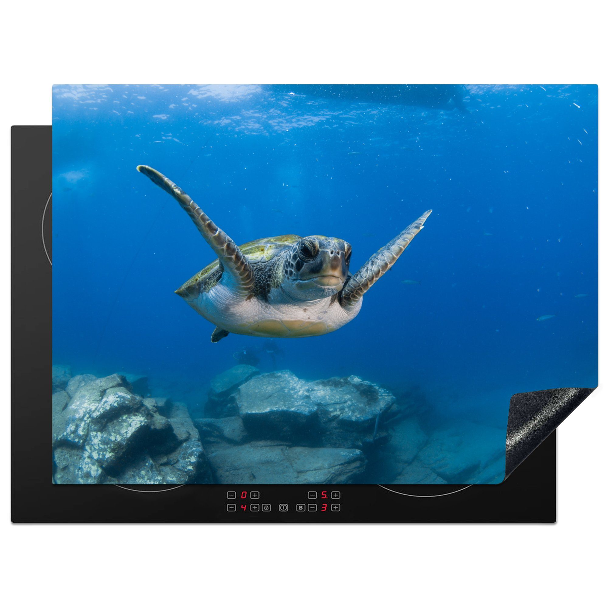 MuchoWow Herdblende-/Abdeckplatte Eine schwimmende grüne Schildkröte im blauen Wasser, Vinyl, (1 tlg), 71x52 cm, Induktionskochfeld Schutz für die küche, Ceranfeldabdeckung
