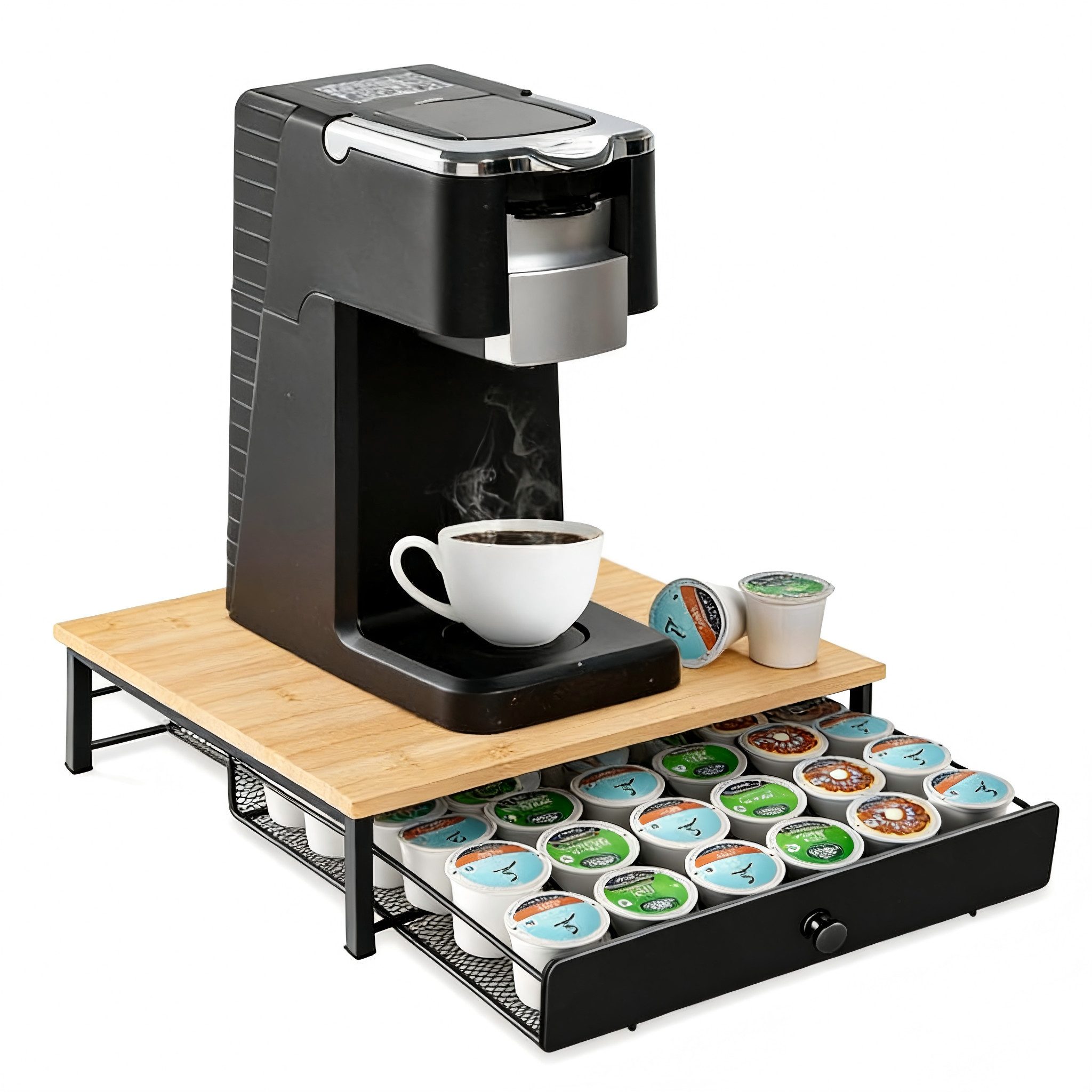 SURFOU Kapselspender Kaffeekapsel-Schublade aus Metall & Bambus – 36 Kapseln Kapazität, Kapselhalter als Schublade–Aufbewahrungsbehälter für die Kaffeestation