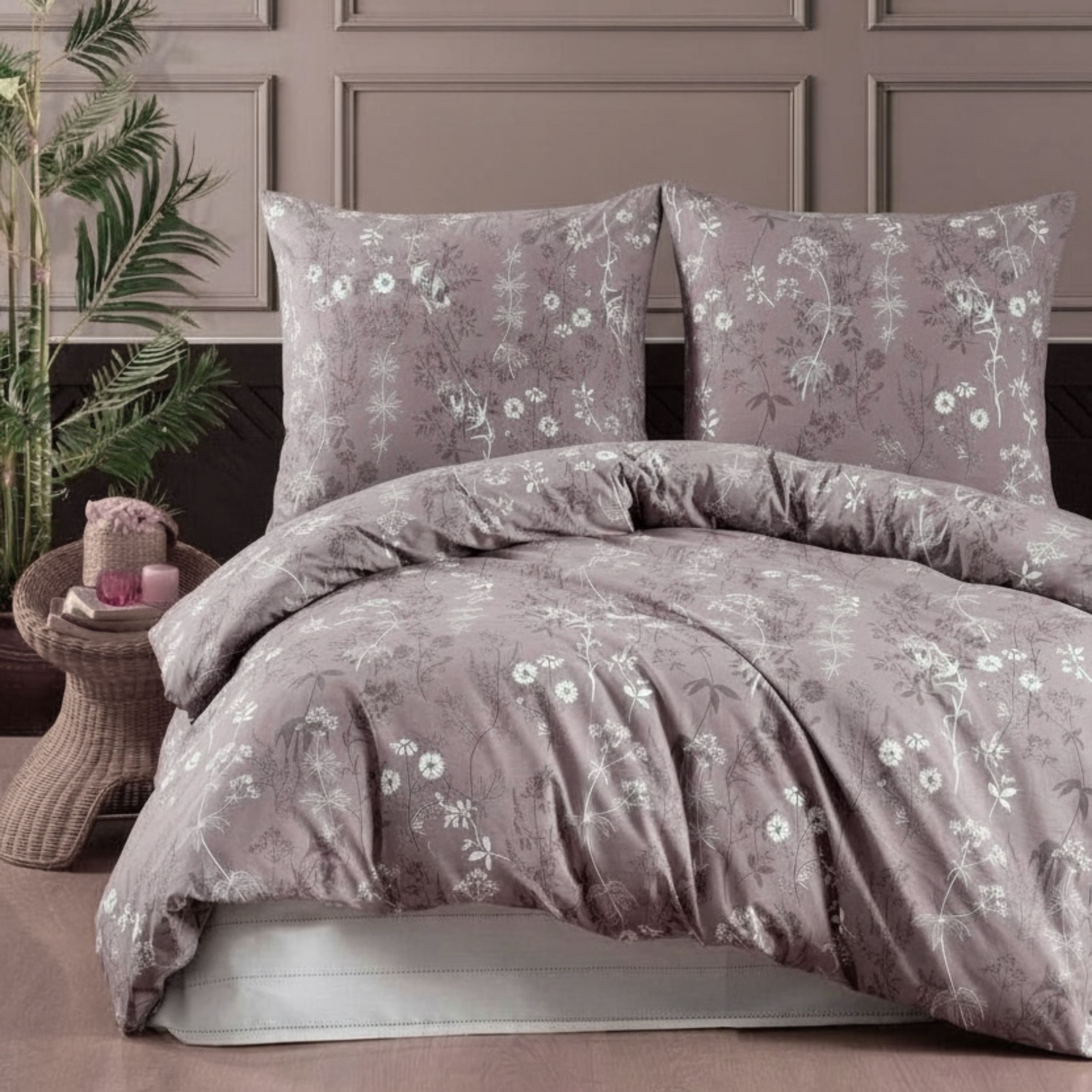 ZIRVEHOME Bettwäsche Baumwolle Bettbezug Braun Weiß Geblümt, Polina, Renforce, 2 teilig, Baumwolle Bettwäsche-Set 135x200 Braun Weiß Geblümt