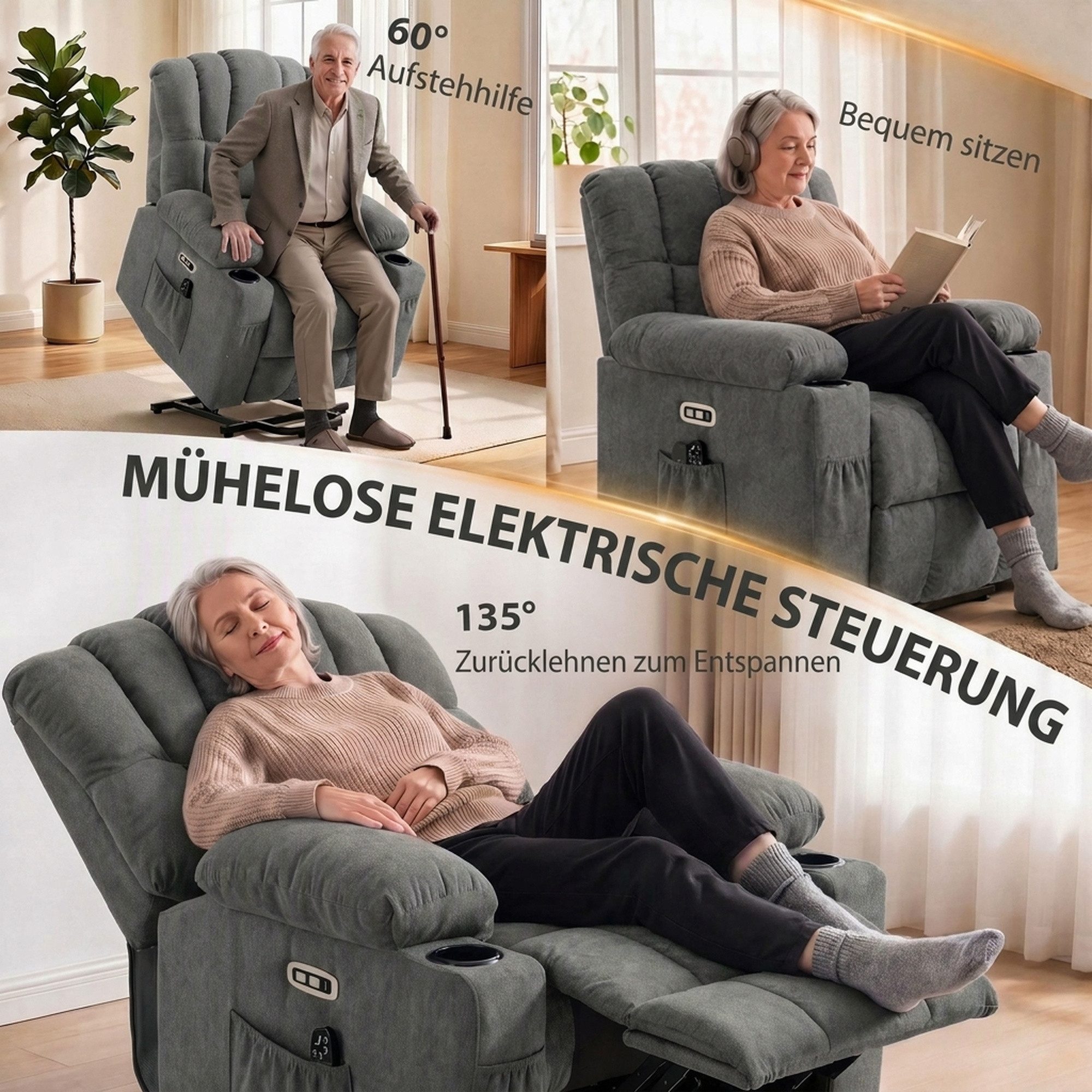 HOMCOM Relaxsessel Fernsehsessel mit Aufstehhilfe Vibrationsmassage, Wärme, USB (Set, 1-St., 1), Aufstehhilfe, Massage, Wärme, USB – Bild 4 von 5