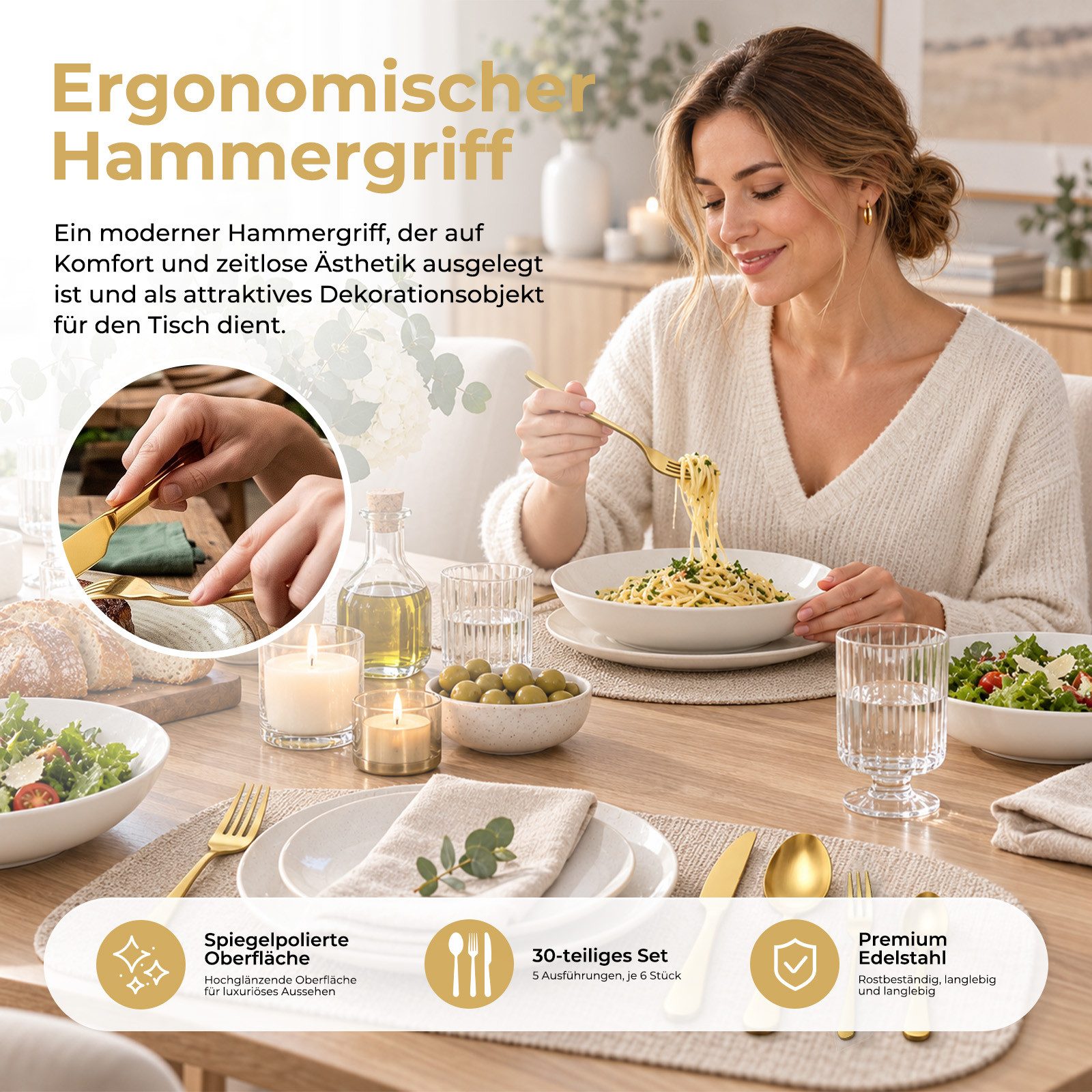 AKKEE Besteck-Set für 6 Personen, 30 teilig Titanium Gold Essbesteck Set, 6 Personen, inkl. Messer, Gabel, Löffel, Besteck Edelstahl, Spülmaschinenfest – Bild 5 von 5