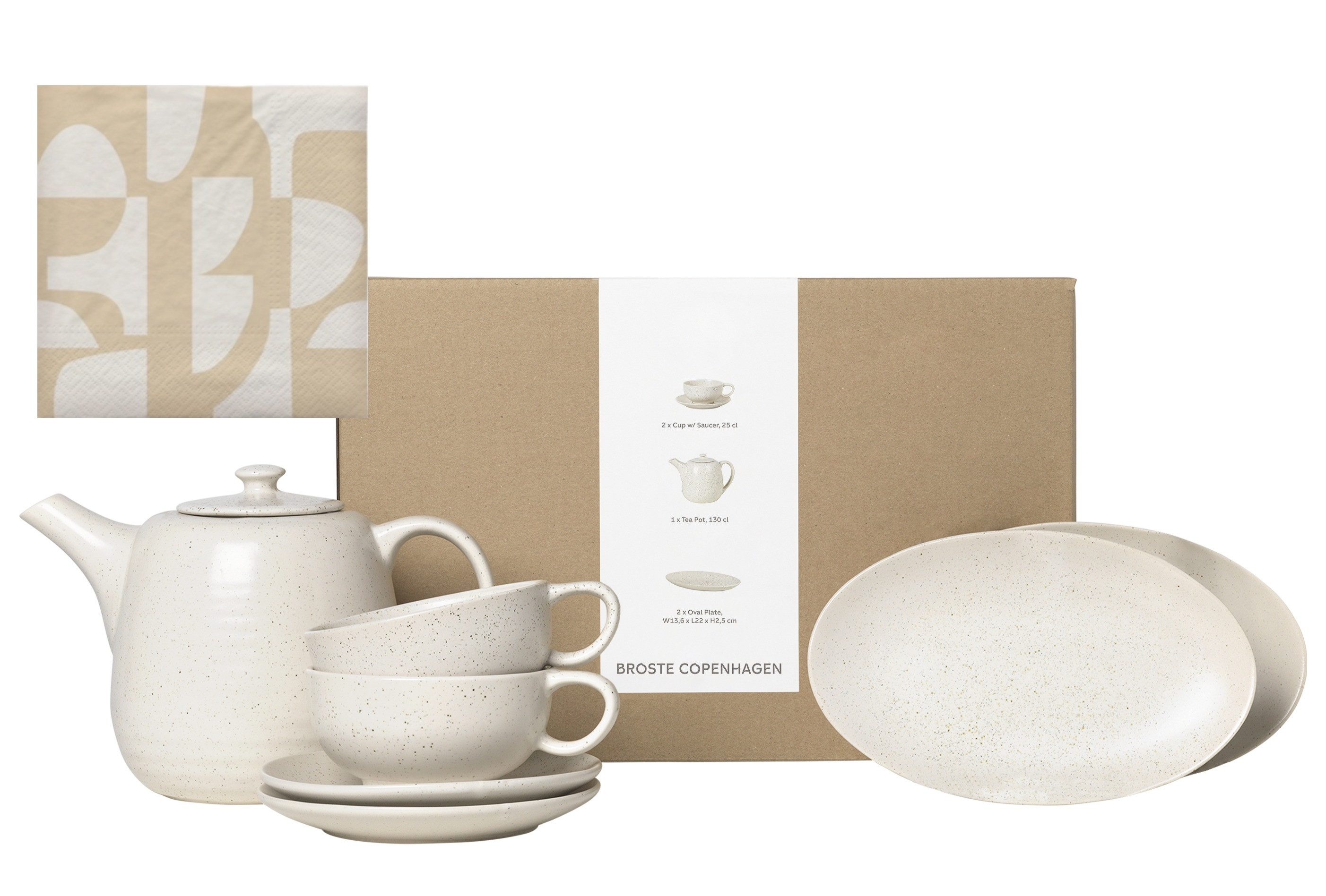 Broste Copenhagen Teeservice Single Geschirr-Set Nordic Vanilla, inkl. 1 Päckchen Papierserviette (8-tlg), 2 Personen, Keramik, Beliebte Geschirr Sets Exclusiv mit Geschenk