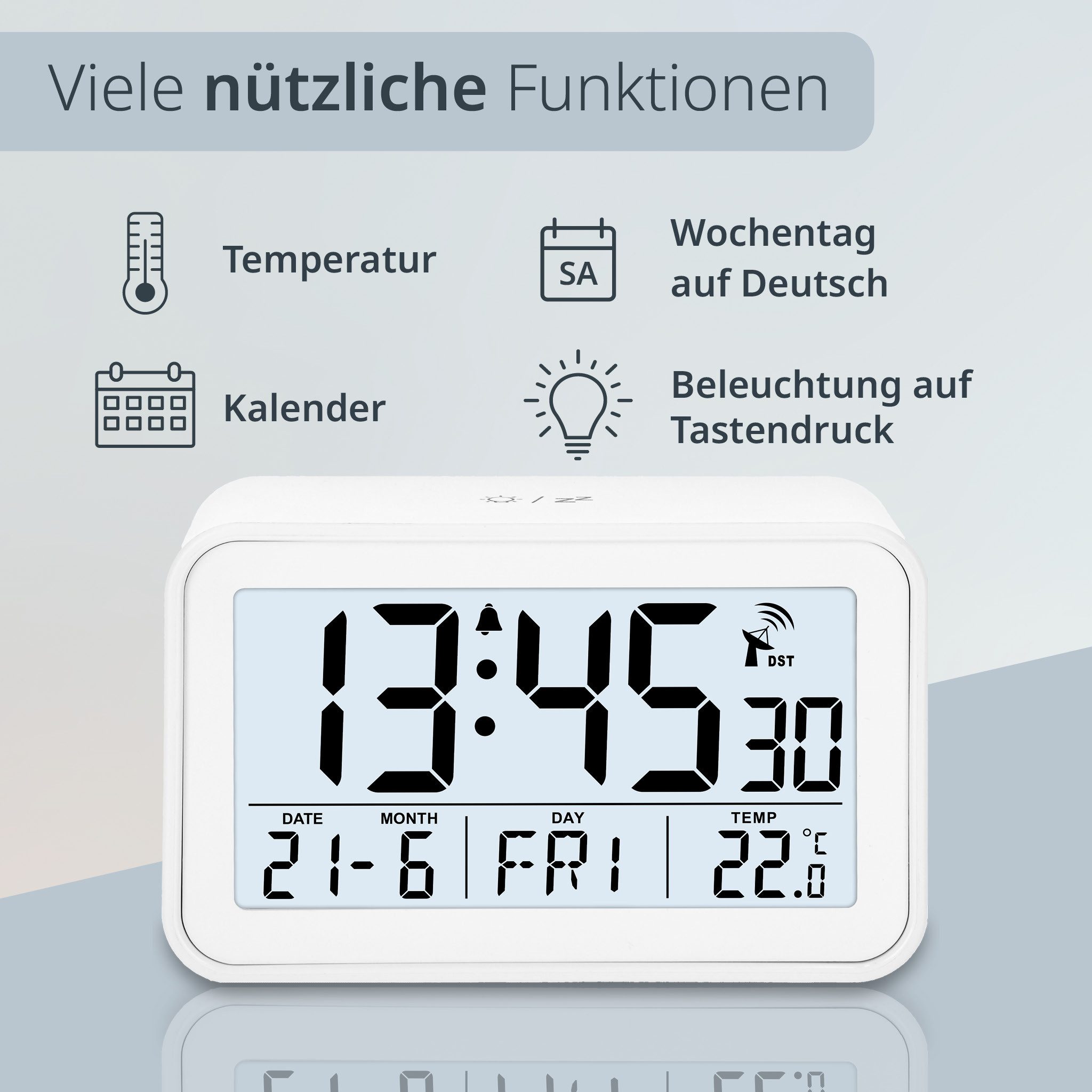 ADE Funkwecker mit Kalender, Thermometer und Beleuchtung idealer Reisewecker mit Snooze, inkl. AAA Batterien